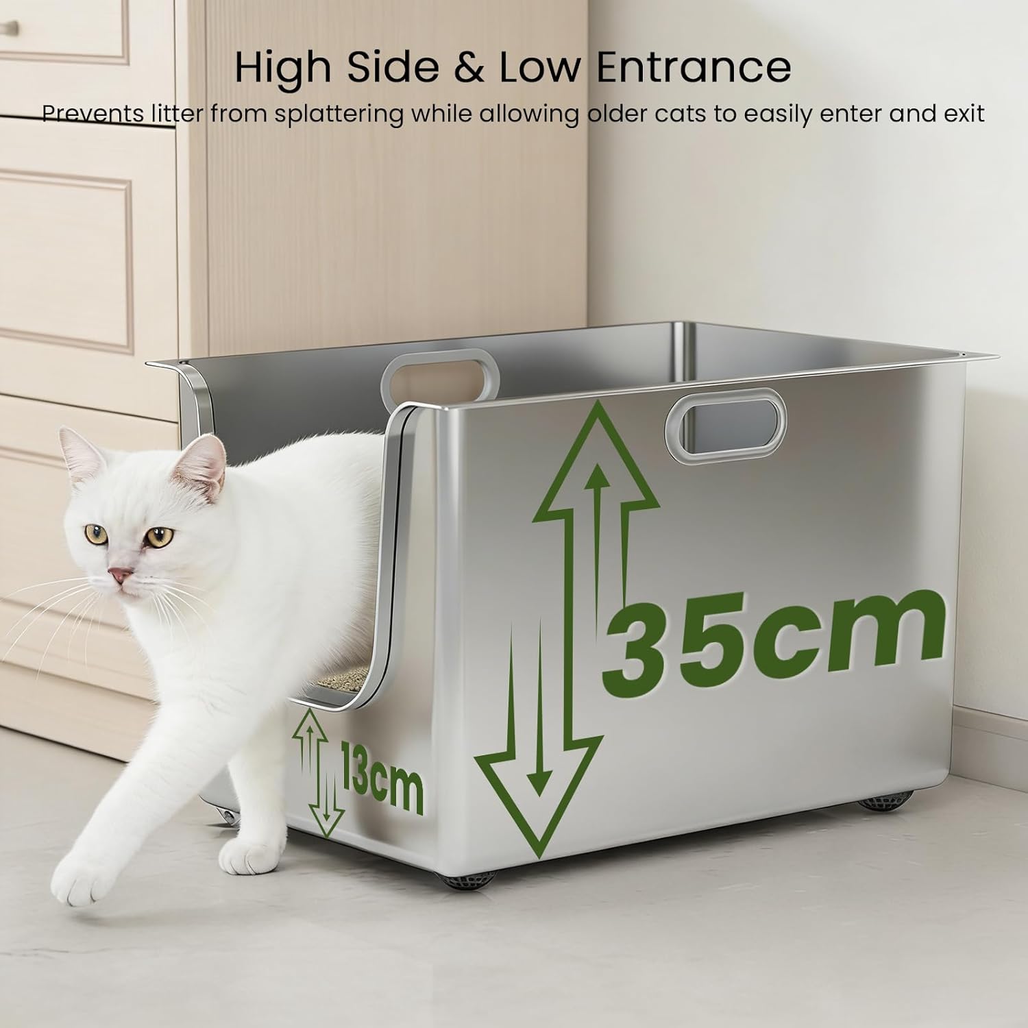 Thumbnail 2 de PTLOM Lebensmittelechtes Edelstahl Katzenklo XXXL mit 35 cm hohen Rändern (35 cm) – auslaufsicher & niedriger Einstieg