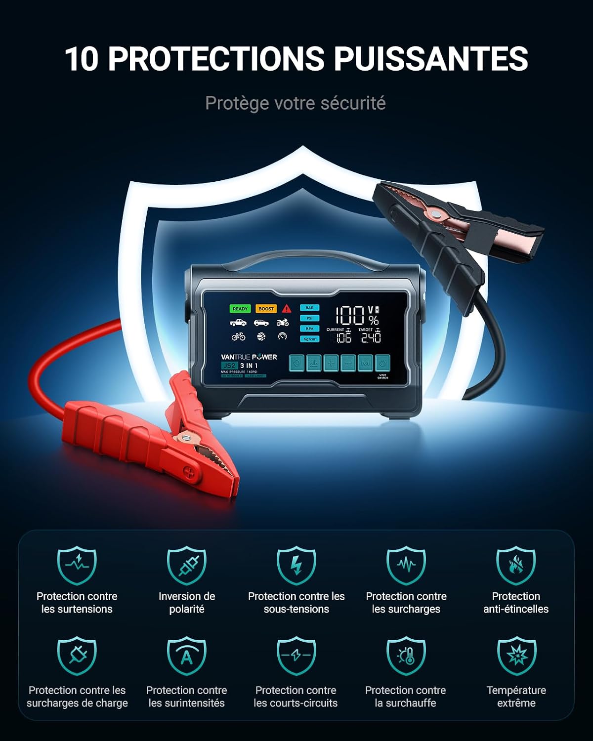 Thumbnail 4 de VANTRUE POWER JS2 2500A: Booster batteries et gonfleur 9" avec charge rapide et affichage en temps réel