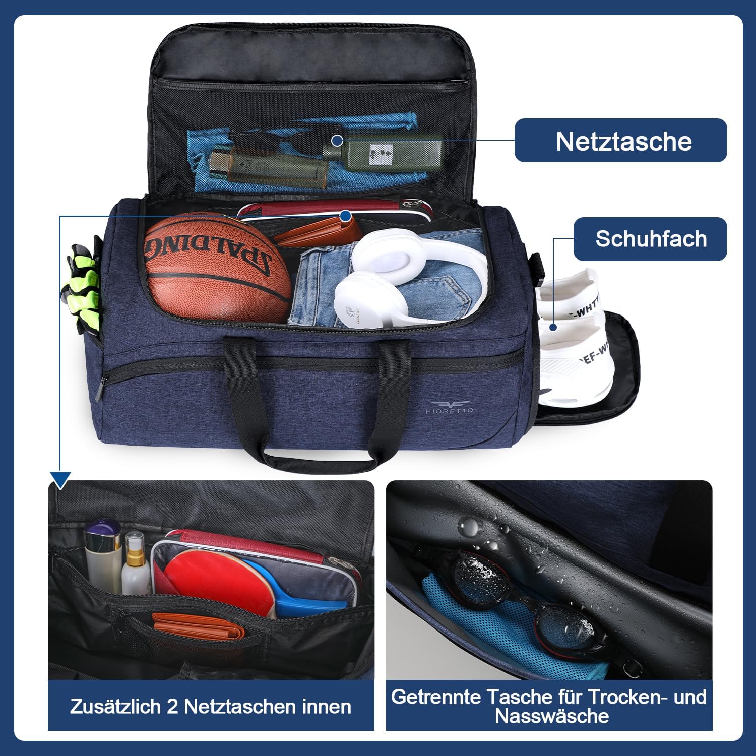 Detalle de FIORETTO 35L Sporttasche mit Schuhfach, Nassfach und wasserdichtem Aufbau – robust, vielseitig und ideal für Training, Travel und Freizeit