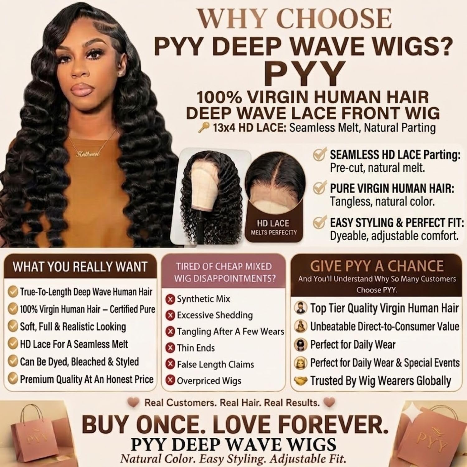 Detalle 2 de PYY Deep Wave Lace Front Wig Human Hair 13x4 HD Lace, 18 Inch