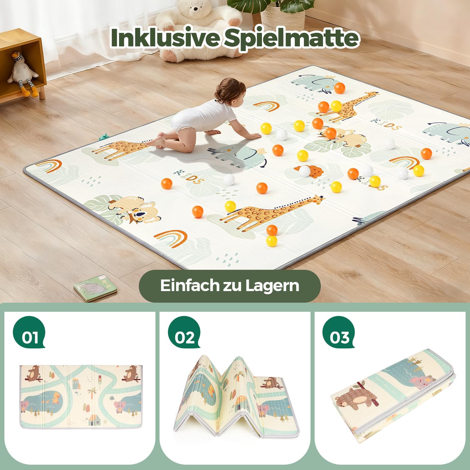 Thumbnail 2 de SOFTHOM Box Bambini 180x200 con tappeto, rete 360° e 60 palline – recinto per bimbi con laterali a zip