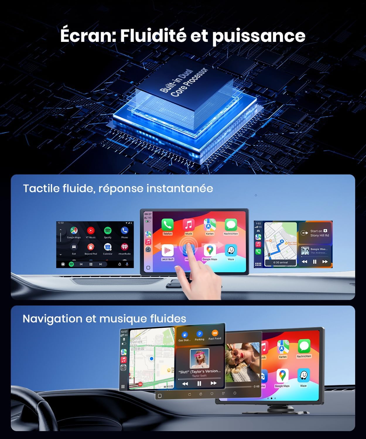 Thumbnail 4 de CarPlay Voiture 9" — Écran IPS HD lumineux, sans fil, navigation GPS et connexion rapide (Caméra de recul optionelle)