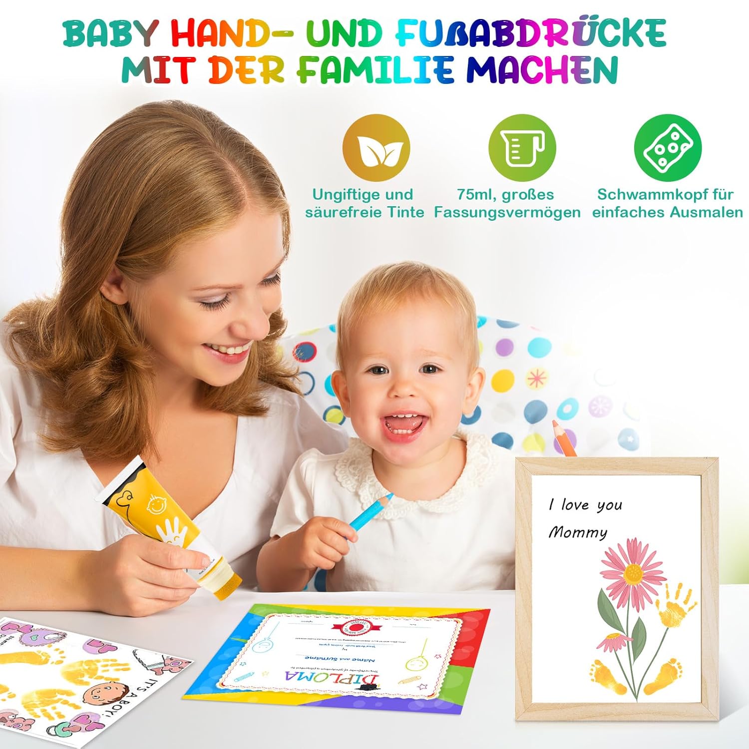 Thumbnail 1 de Fußabdruck Farbe Baby mit Schwammkopf – Ungiftig, säurefrei, 75 ml (Kurkuma-Gelb)