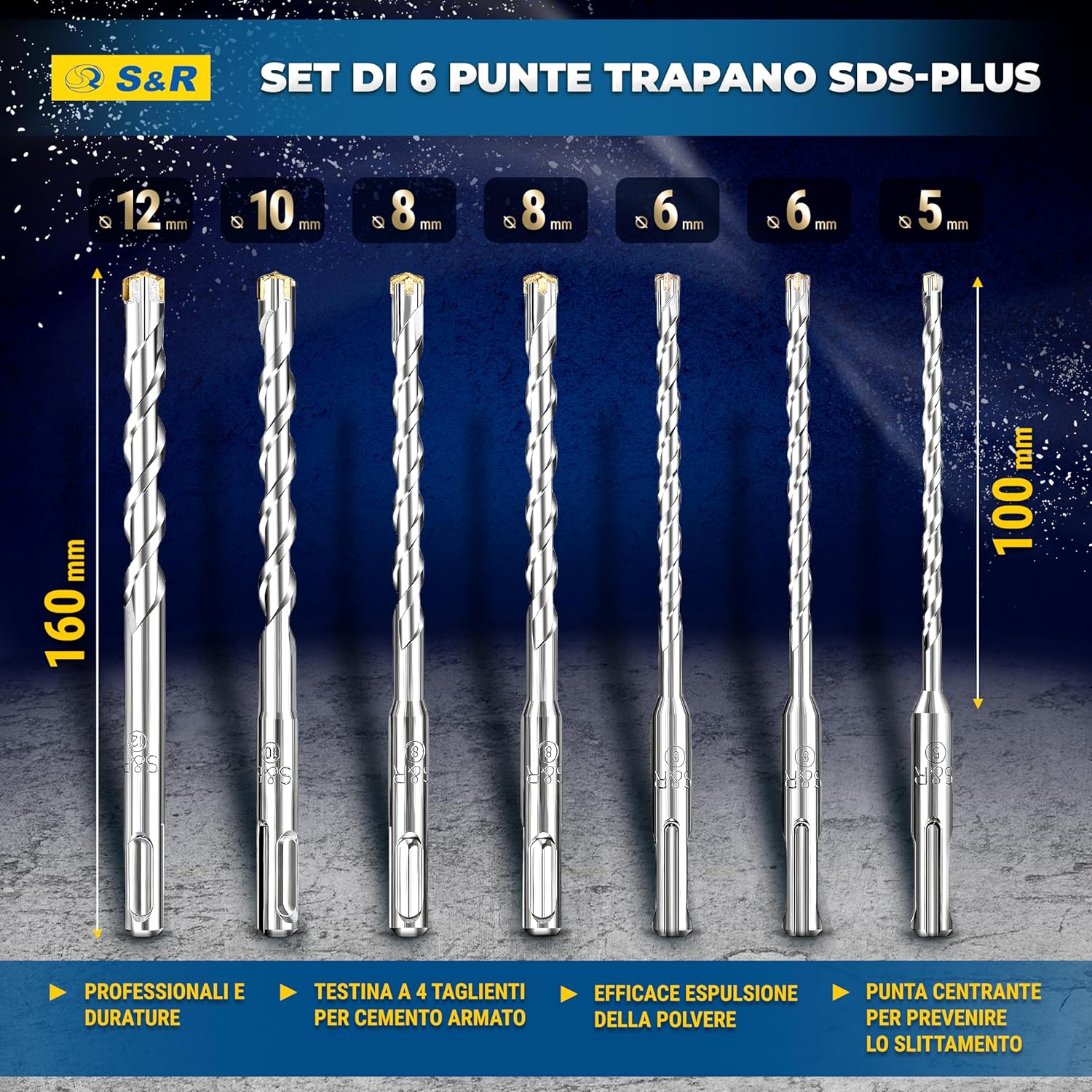 Thumbnail 1 de Punte Trapano SDS-Plus a 4 taglienti – Set professionale da 7 pezzi (Ø 5/6/8/10/12 x 16 cm) per muro e cemento armato