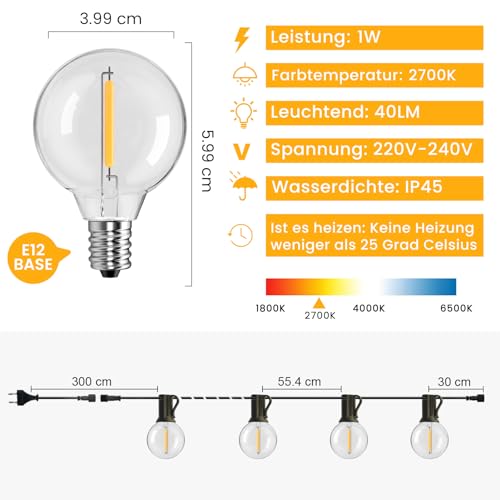 Detalle de GLOBELIT Guirlande Guinguette Extérieur 15M – Lumineuse LED IP45, Blanc Chaud, connexion jusqu’à 450 ampoules