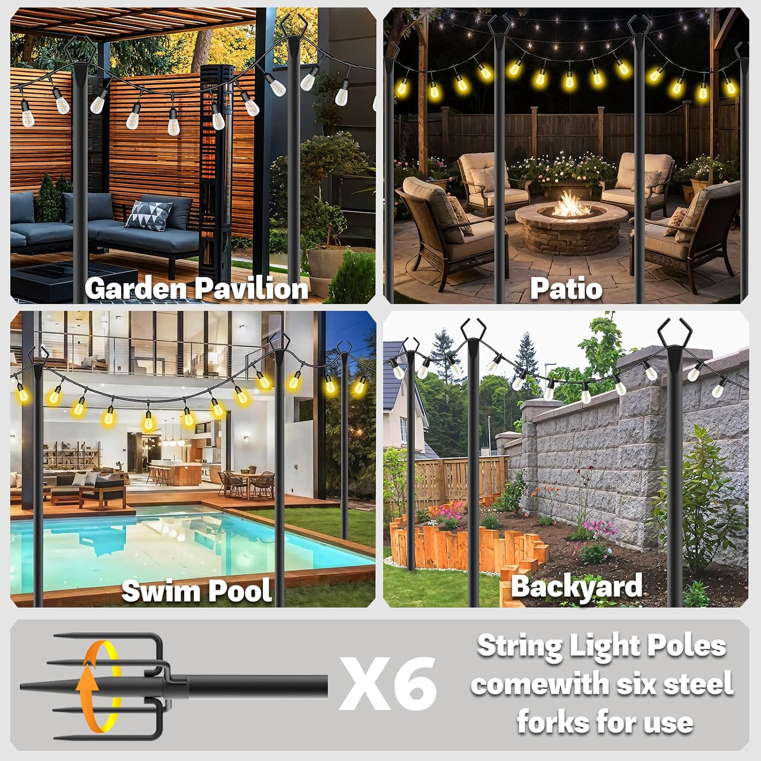 Detalle 2 de NSHWFW 6 Pack 10 Ft String Light Poles, Adjustable Metal Outdoor Stands