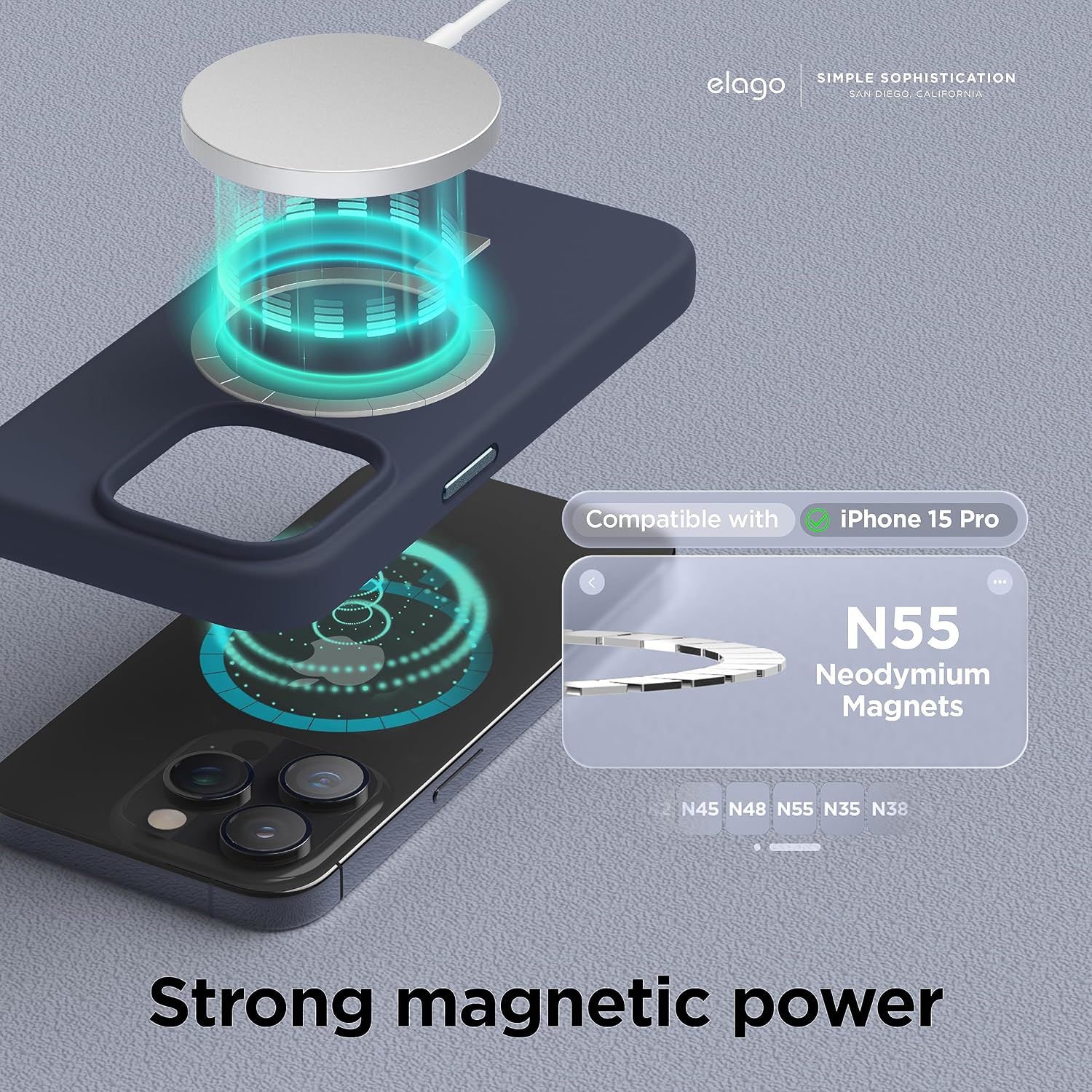 Detalle 2 de elago Coque magnétique en silicone pour iPhone 15 Pro avec MagSafe (bleu) – protection 5 couches