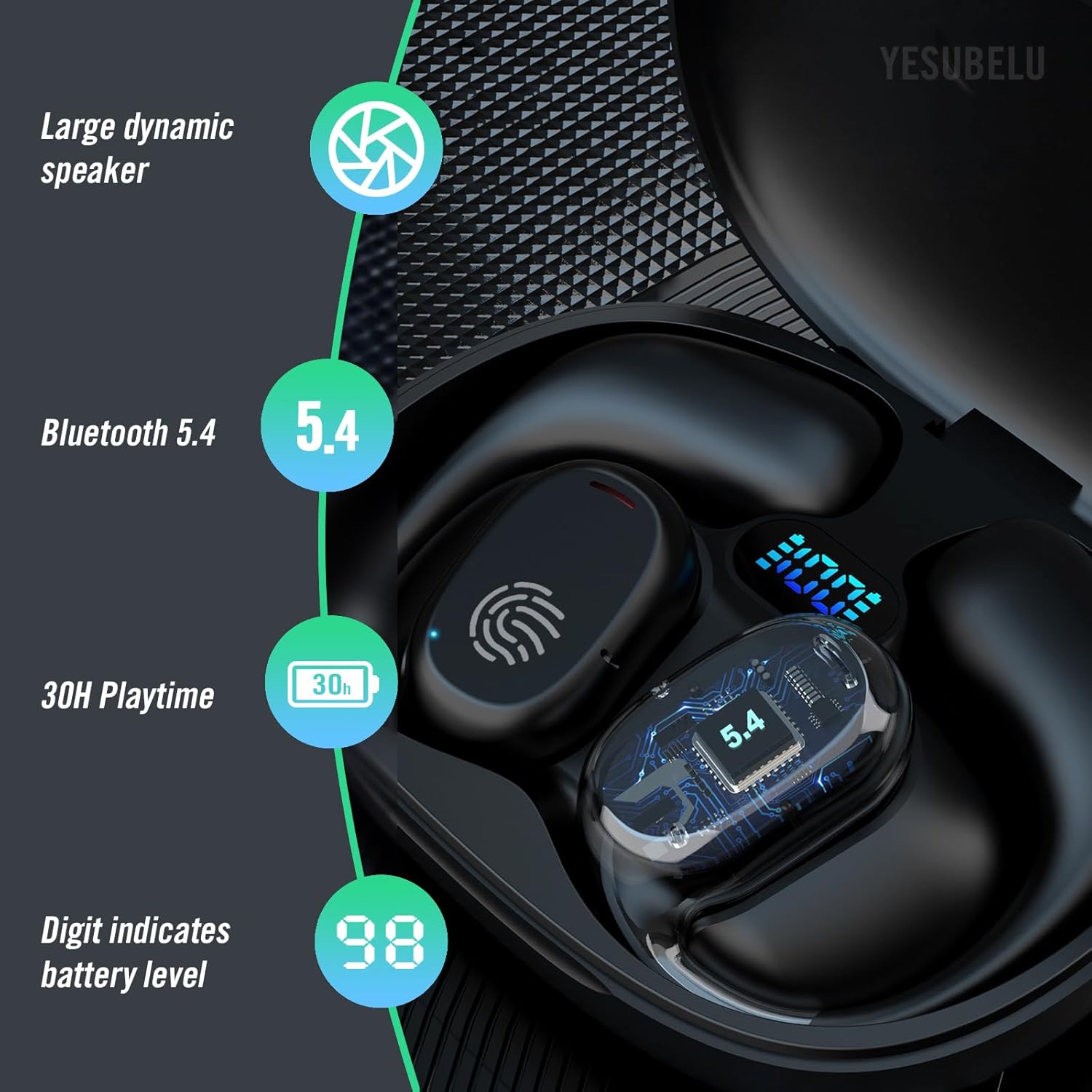 Detalle de YESUBELU Open Ear Wireless Headphones — Bluetooth 5.4, 36H Playtime, IPX5, Open-Ear Design for Running