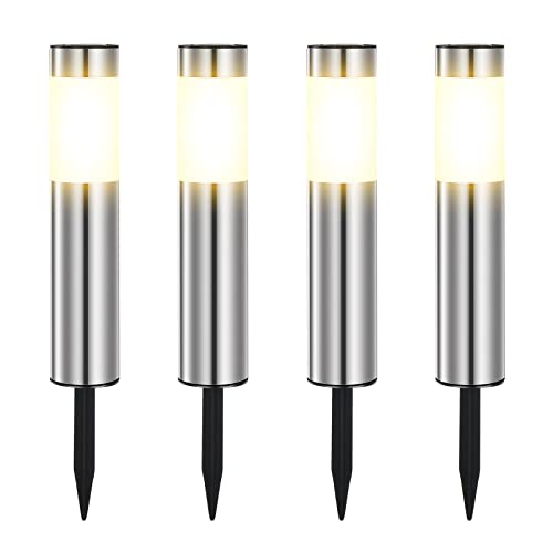 Detalle de Heinstian Warmweiß Solarlampen für Außen – Edelstahl Solarleuchten Garten (4 Stück) mit Schalter, IP45