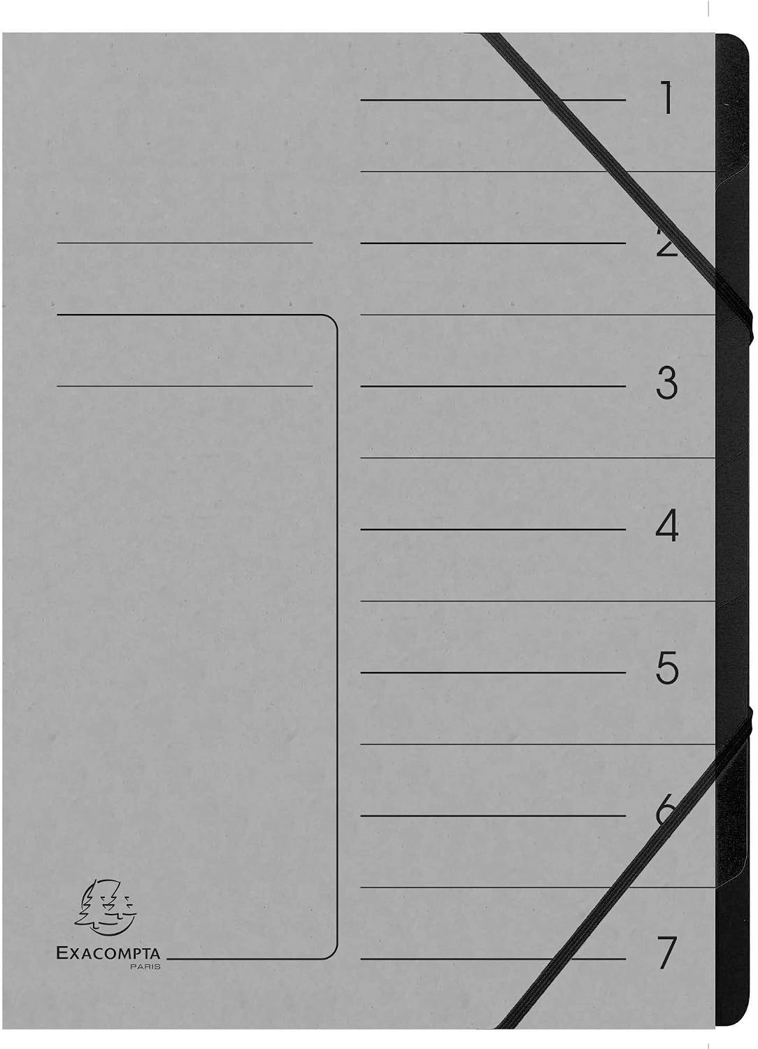 Exacompta 540711E – Trieur dos agrafé à 7 compartiments, élastiques, couverture carte lustrée, intérieur recyclé noir – A4 (24,5 × 32 cm) – gris