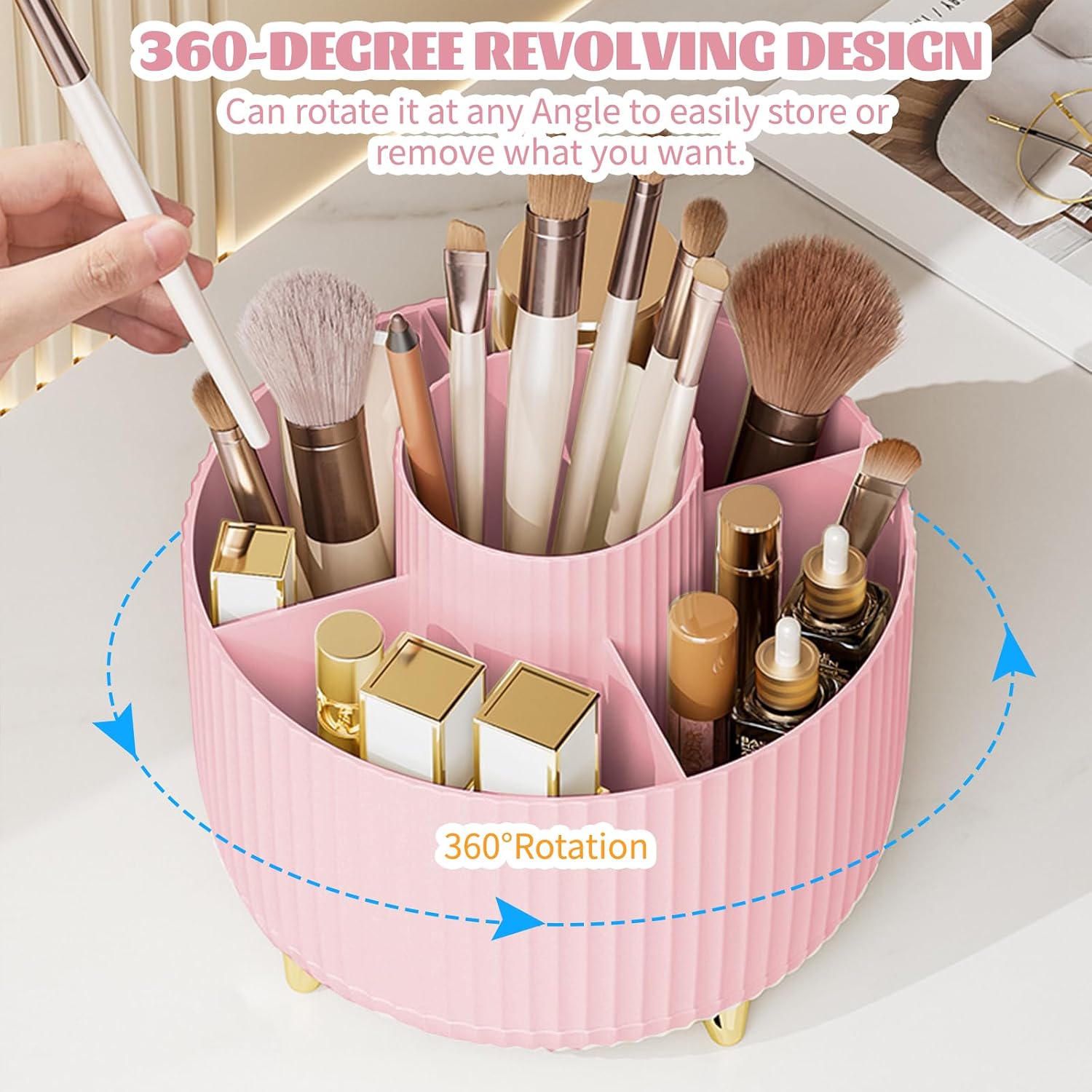 Thumbnail 4 de 360° Rotating Makeup Organiser with 5 Compartments (Pink) – desk brush holder and stationery storage