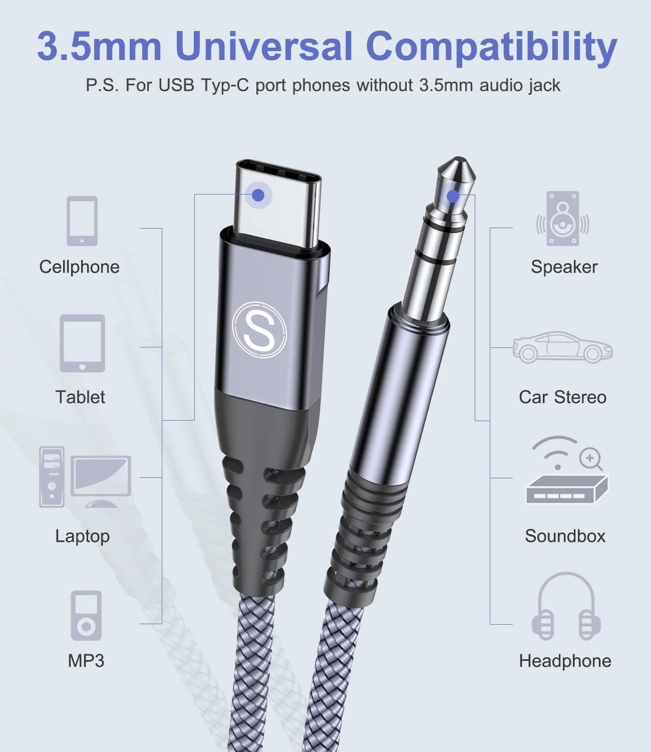 Detalle 2 de Sweguard: Cavo adattatore USB-C a 3,5 mm (1,2 m) per Huawei, Samsung, Xiaomi e altro – audio ad alta fedeltà