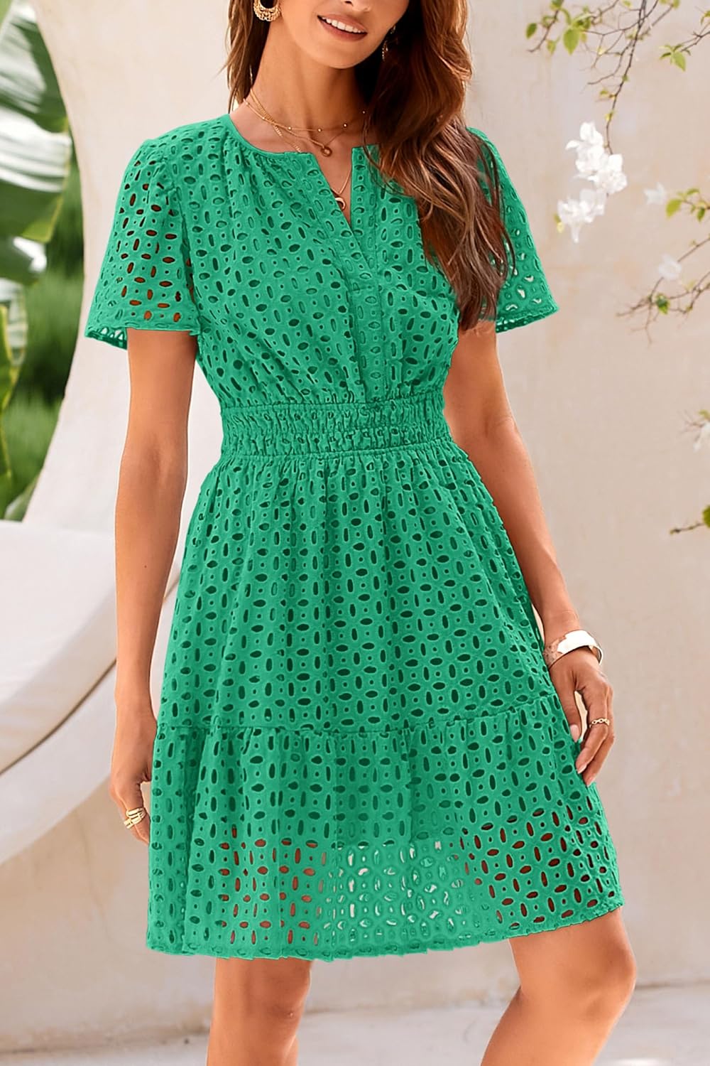 Detalle de PRETTYGARDEN Women’s 2026 Summer Short Dress with V-Neck, Short Sleeves & Hollow-Out Lace