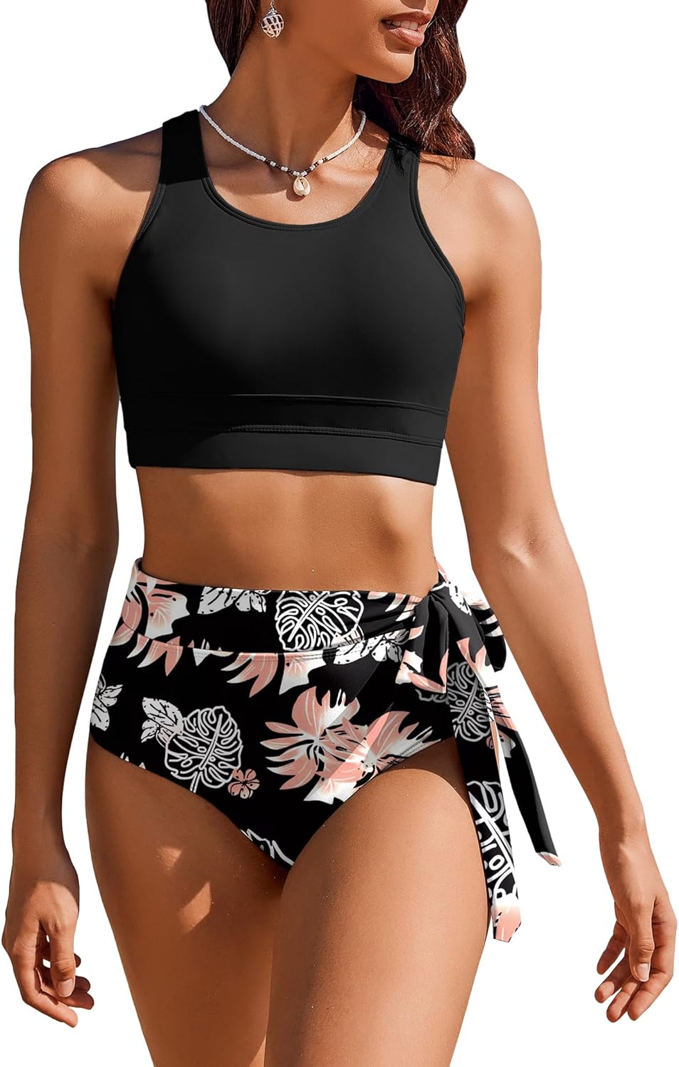 Detalle 2 de AI'MAGE Costumi da Bagno Donna a Due Pezzi Vita Alta: stampa leopardata/tropicale, imbottitura rimovibile
