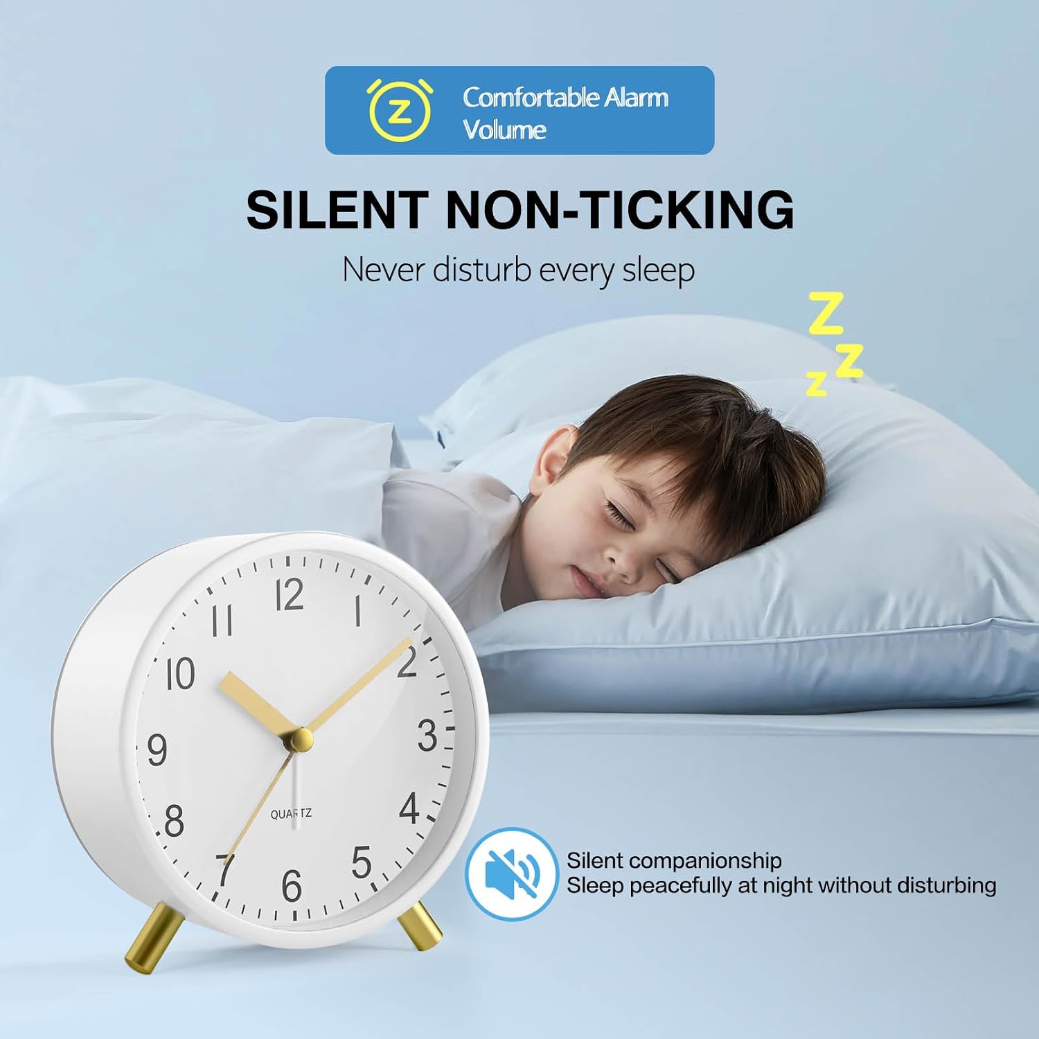 Thumbnail 1 de Jisile Analog Alarm Clock Silent Non-Ticking with Night Light, Large Display and Battery Operation