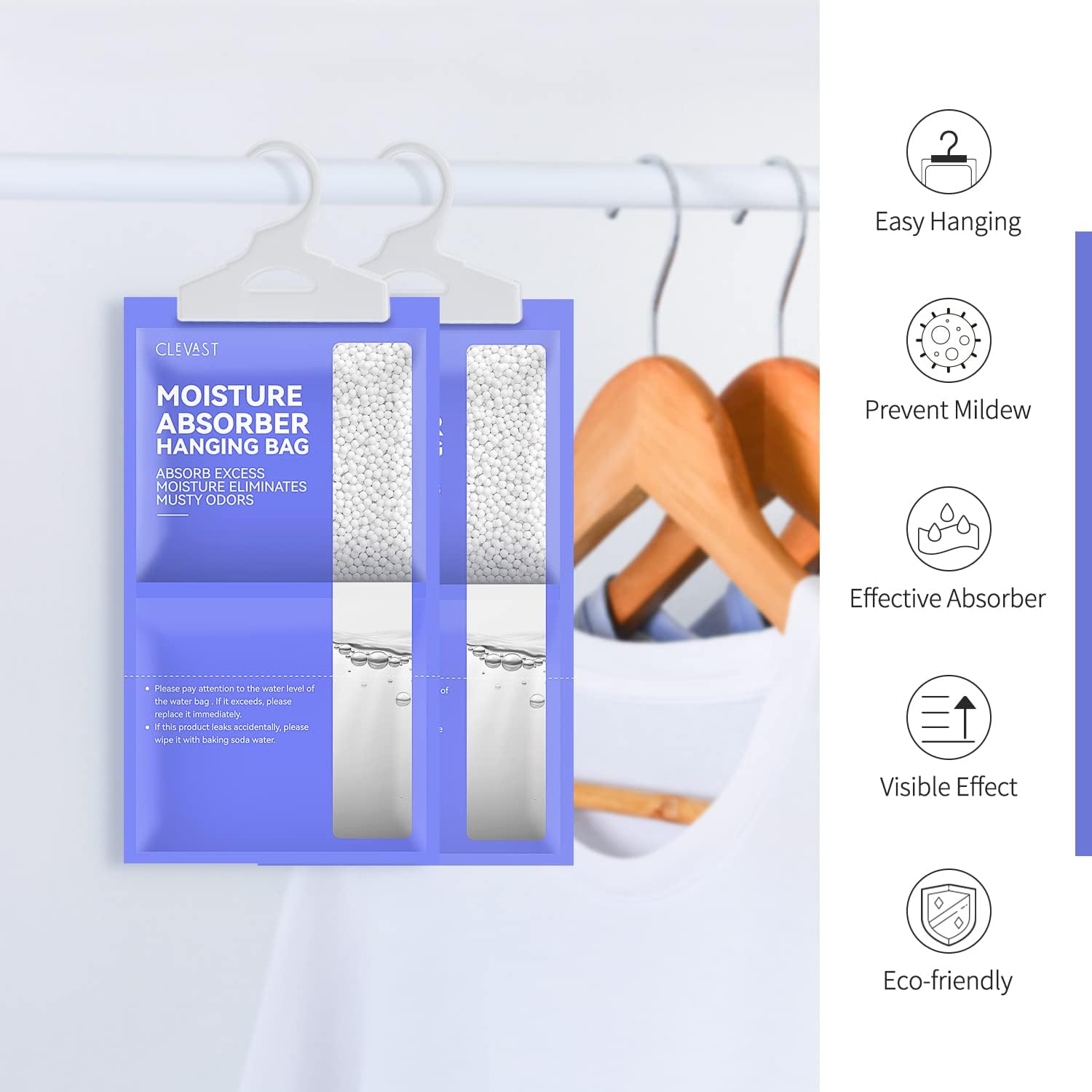 Detalle 2 de CLEVAST Moisture Absorber Bags, 10 Pack, Unscented Hanging, 500 mL