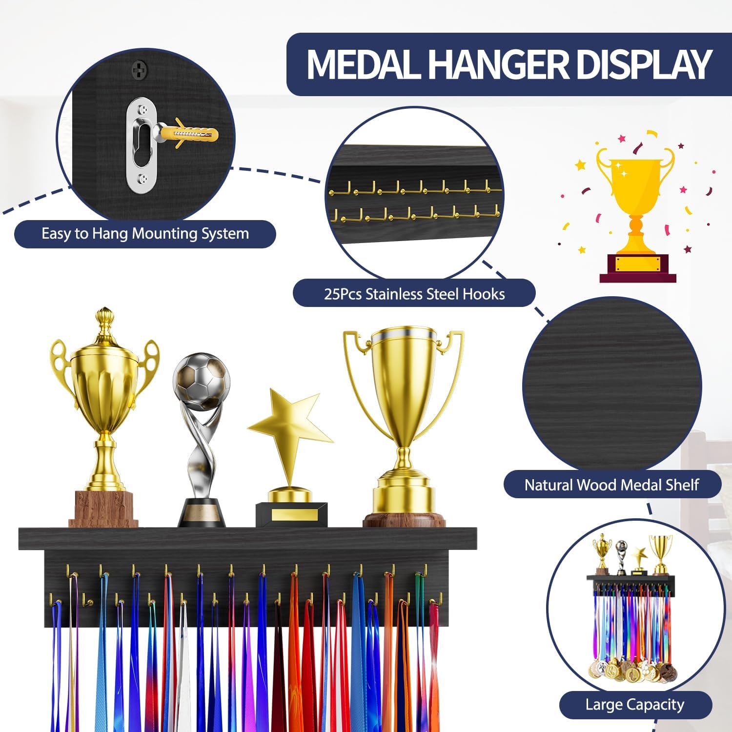 Thumbnail 5 de DSVENROLY Medal Hanger Wooden Display Shelf with 25 Steel Hooks
