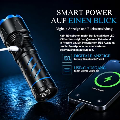 Detalle de Voylite Taschenlampen-2er-Set: 1.000.000 Lumen Extremhell mit Zoom, USB-Aufladung, IPX7, LCD & Wärmeableitung