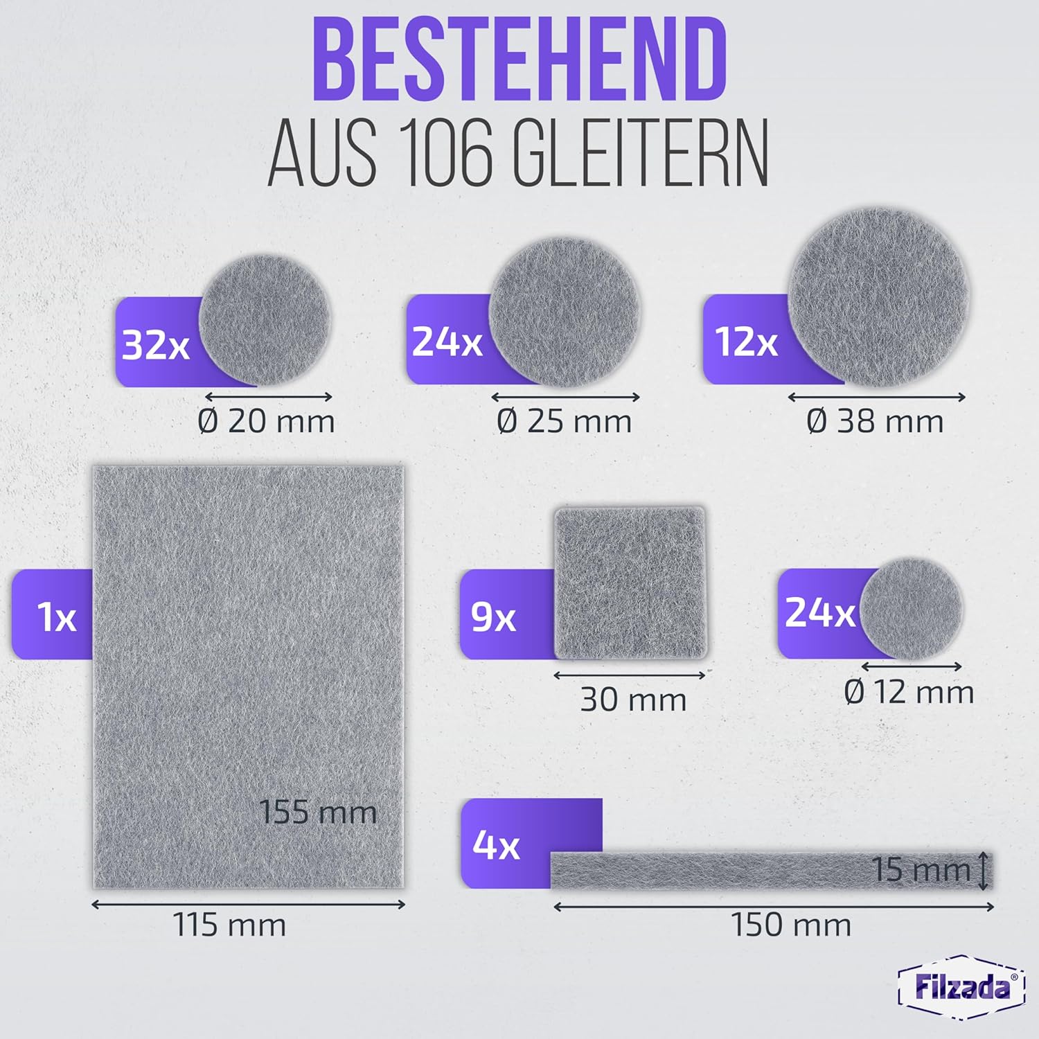 Thumbnail 1 de Filzada Filzgleiter Selbstklebend Set 106 Stück – Grau (Eckig & Rund) | Profi Möbelgleiter