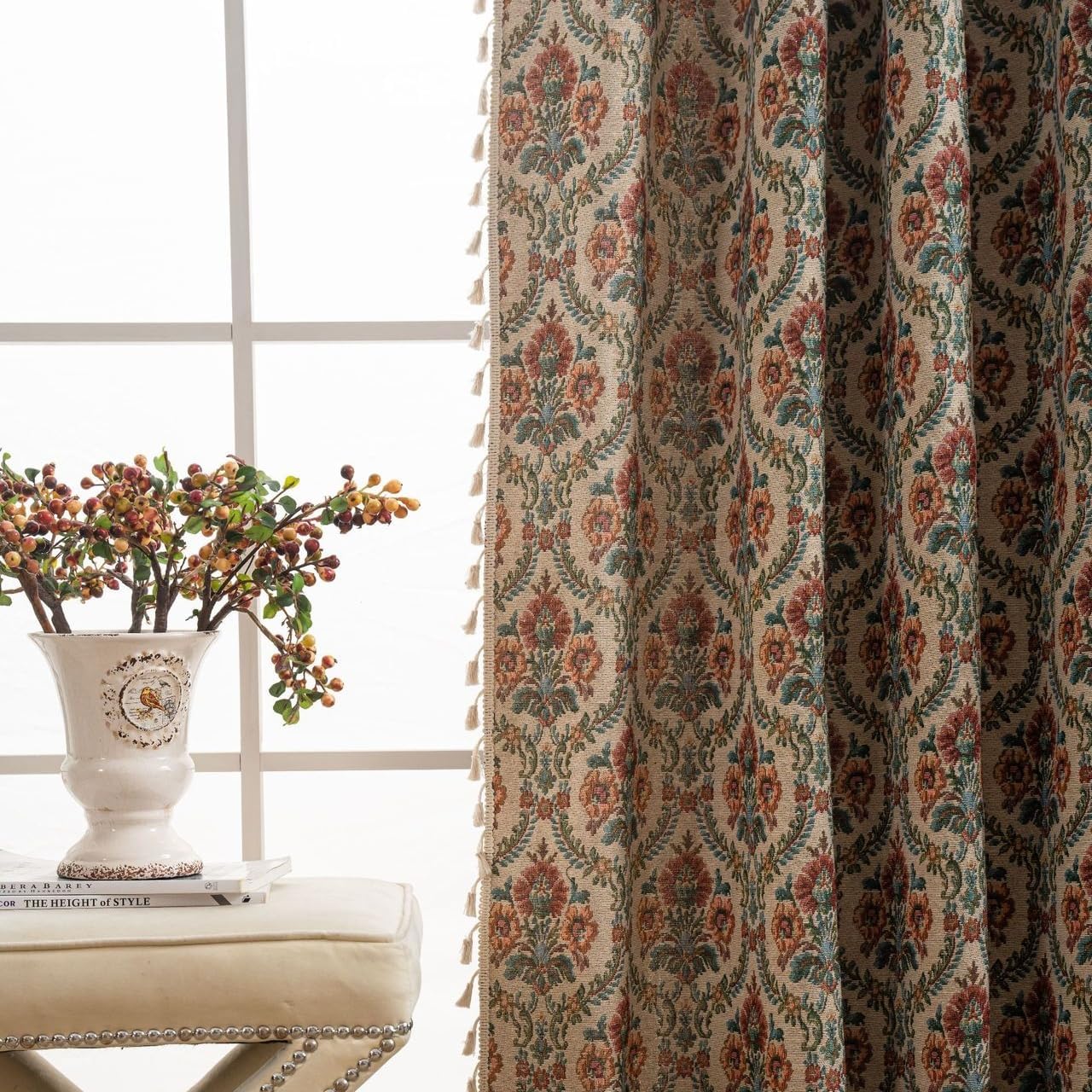 Thumbnail 3 de USTIDE Shabby Rustic Jacquard Floral Curtain – 1 Panel Room Darkening Vintage Lace Macramé Garden Style, 150×180cm