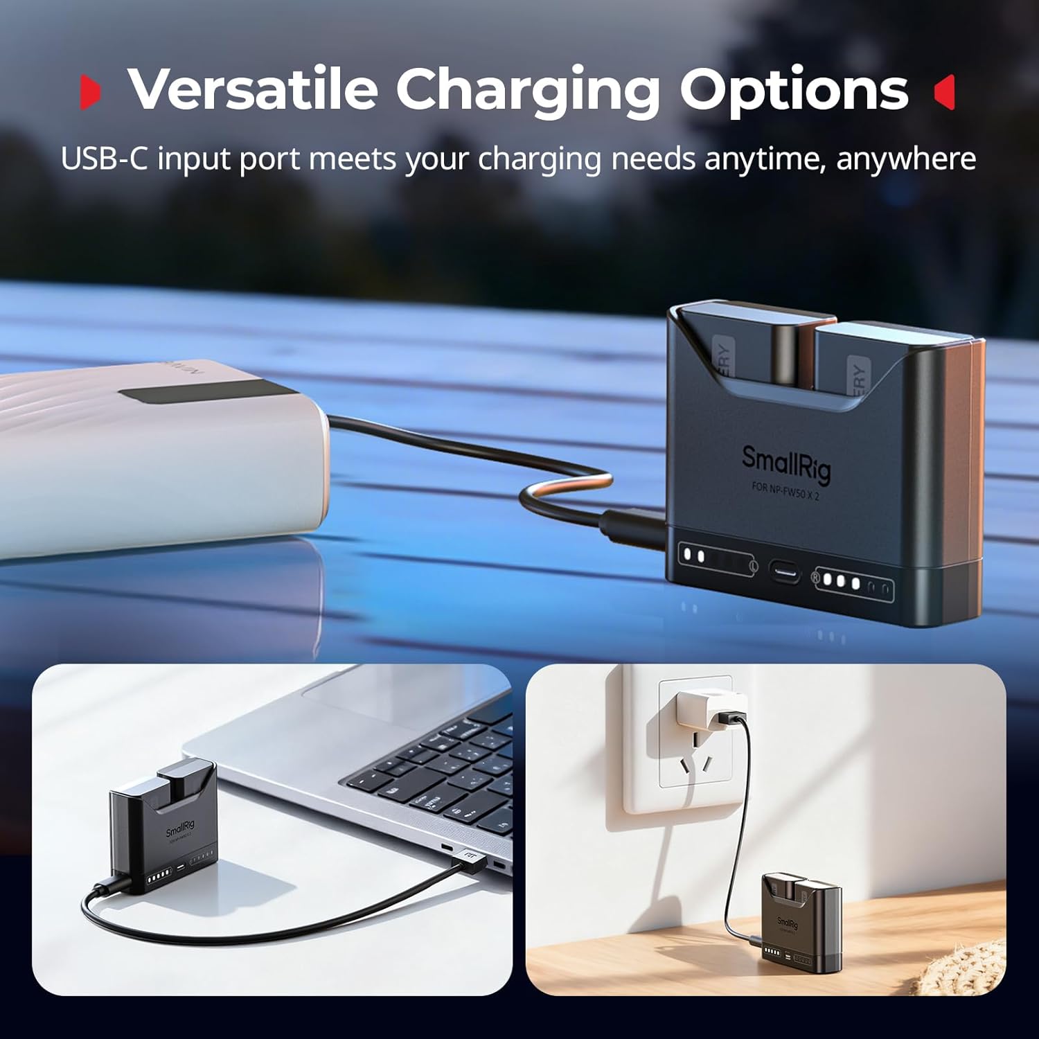 Detalle 2 de SMALLRIG caricabatterie NP-FW50 doppio slot con USB-C 11 W per Sony A6000/A6400 e ZV-E10