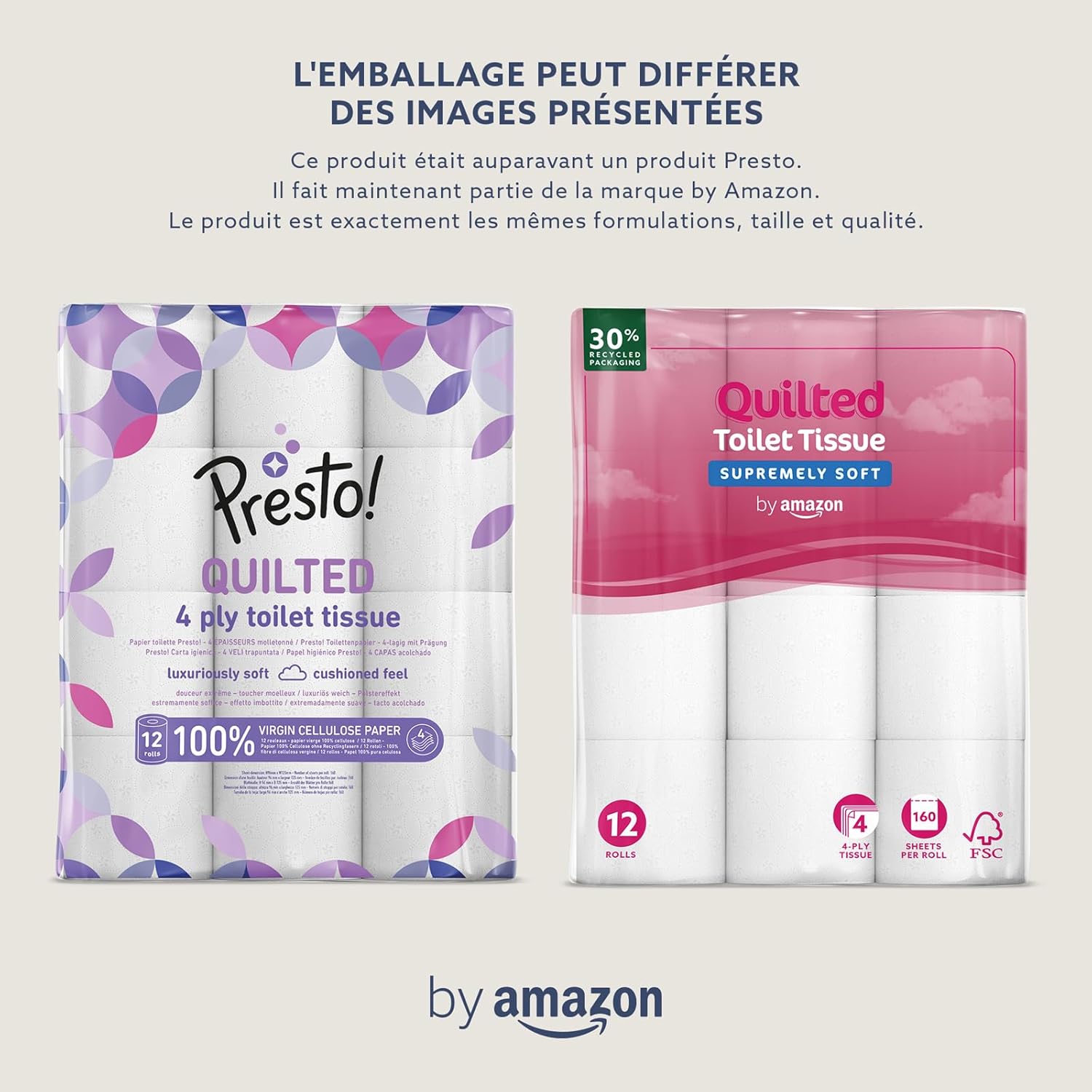 Thumbnail 5 de By Amazon Papier Toilette 4 Épaisseurs Matelassé – Douceur Suprême, 48 Rouleaux (4 Paquets de 12), 160 Feuilles par Rouleau