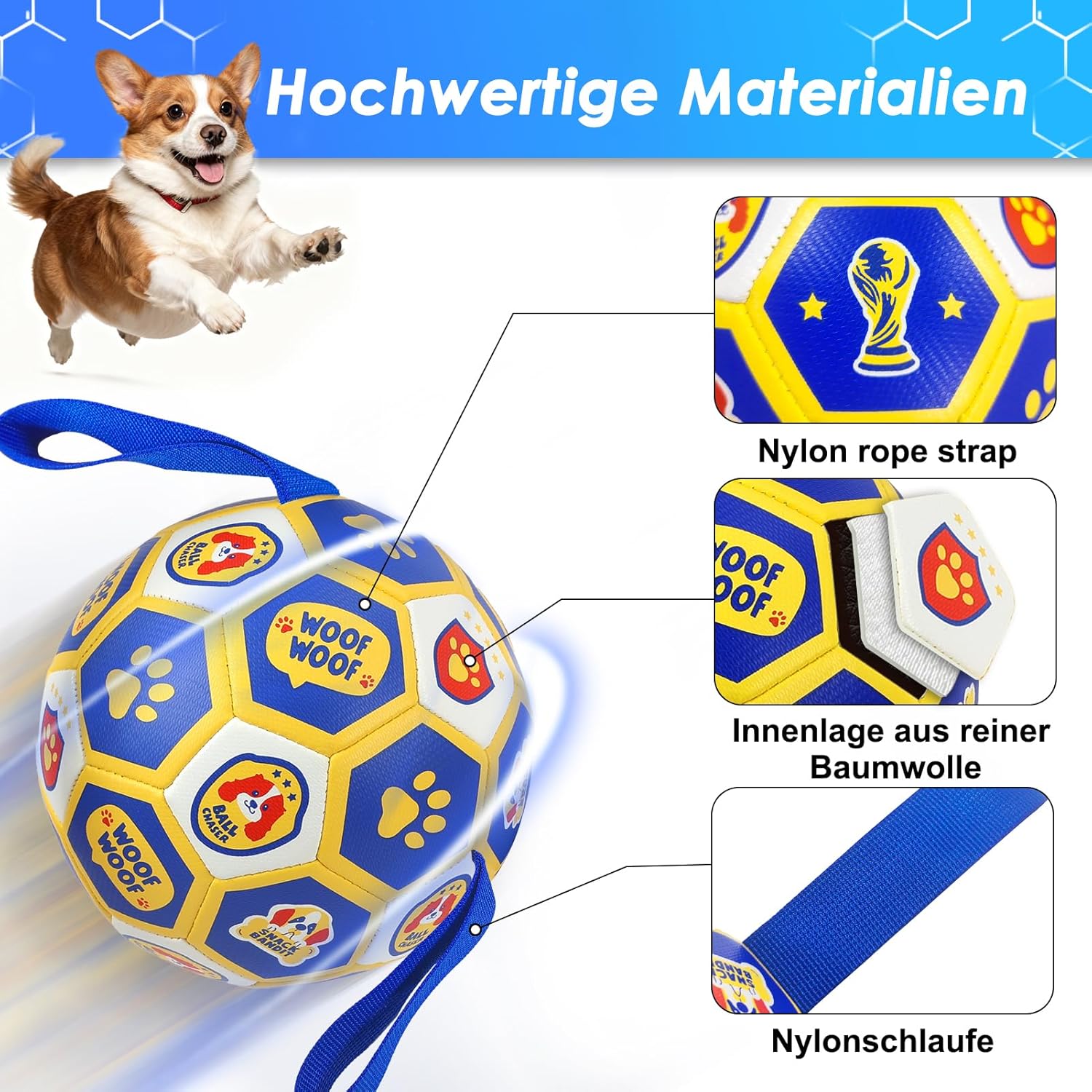 Detalle de Vivifying Fußball-Hundespielzeug 8 Zoll (World Cup Edition) mit Luftpumpe – interaktiver Ball für drinnen & draußen