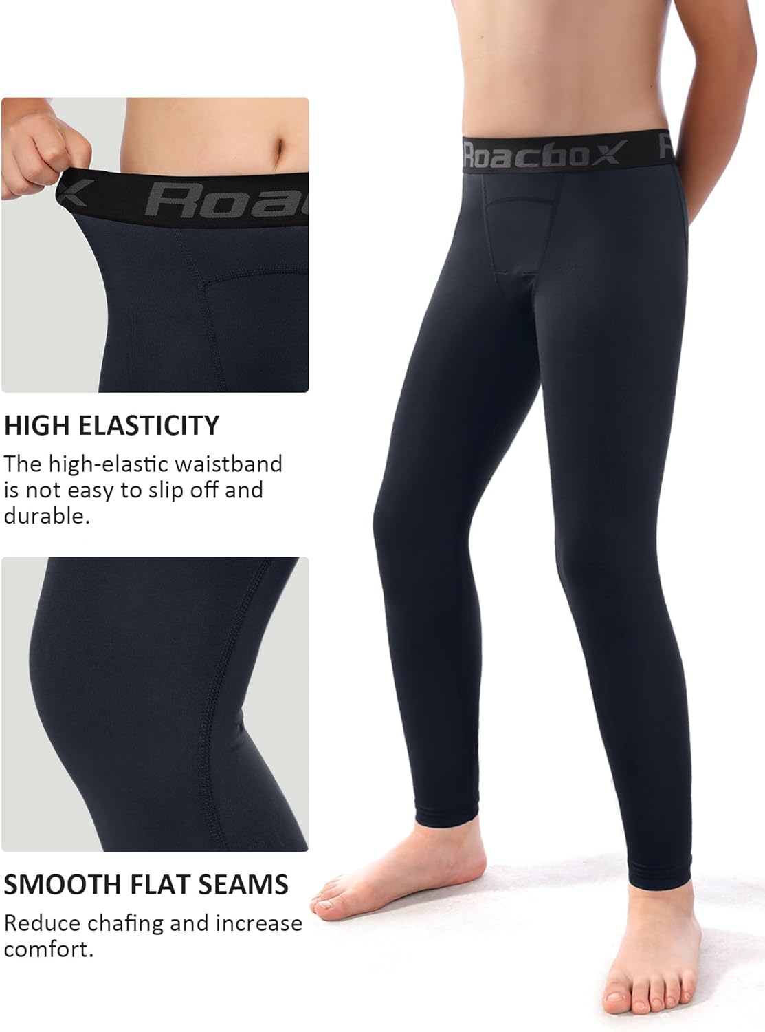 Detalle de Roadbox Boys Compression Leggings – Youth quick-dry athletic tights for football, basketball and PE base layers