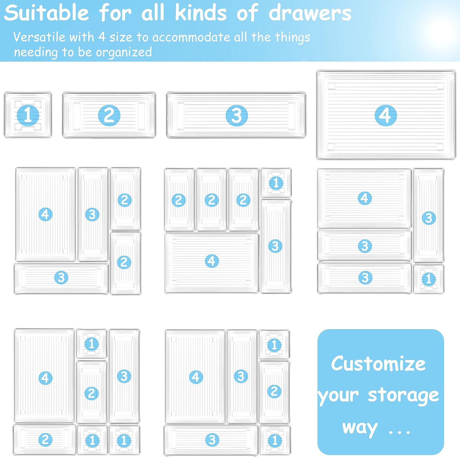 Thumbnail 3 de DCA 25 PCS Clear Plastic Drawer Organiser Trays (4 sizes) for bathroom, kitchen and office storage