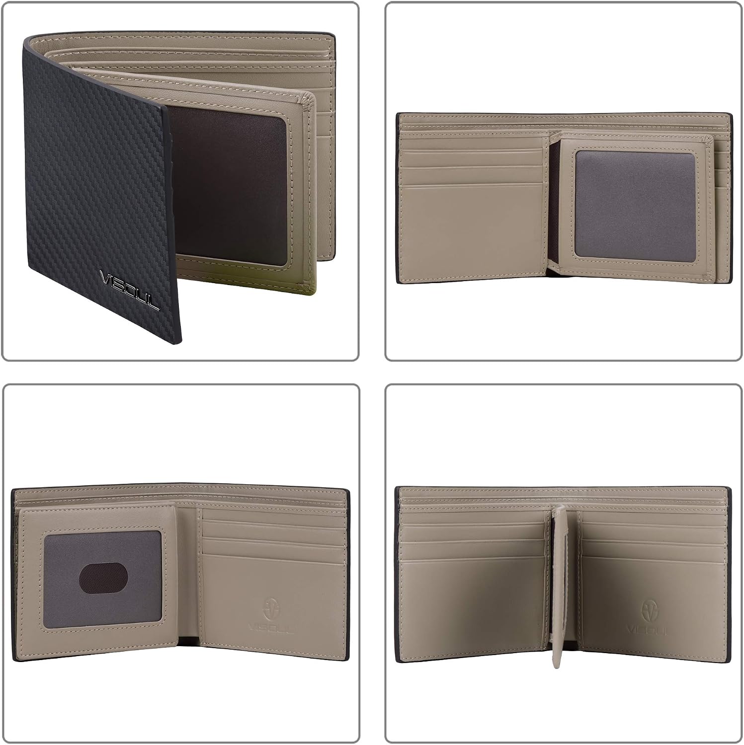Detalle de VISOUL Portafoglio uomo in vera pelle con protezione RFID e portamonete slim, modello Bifold (Carbonio Nero+Grigio)