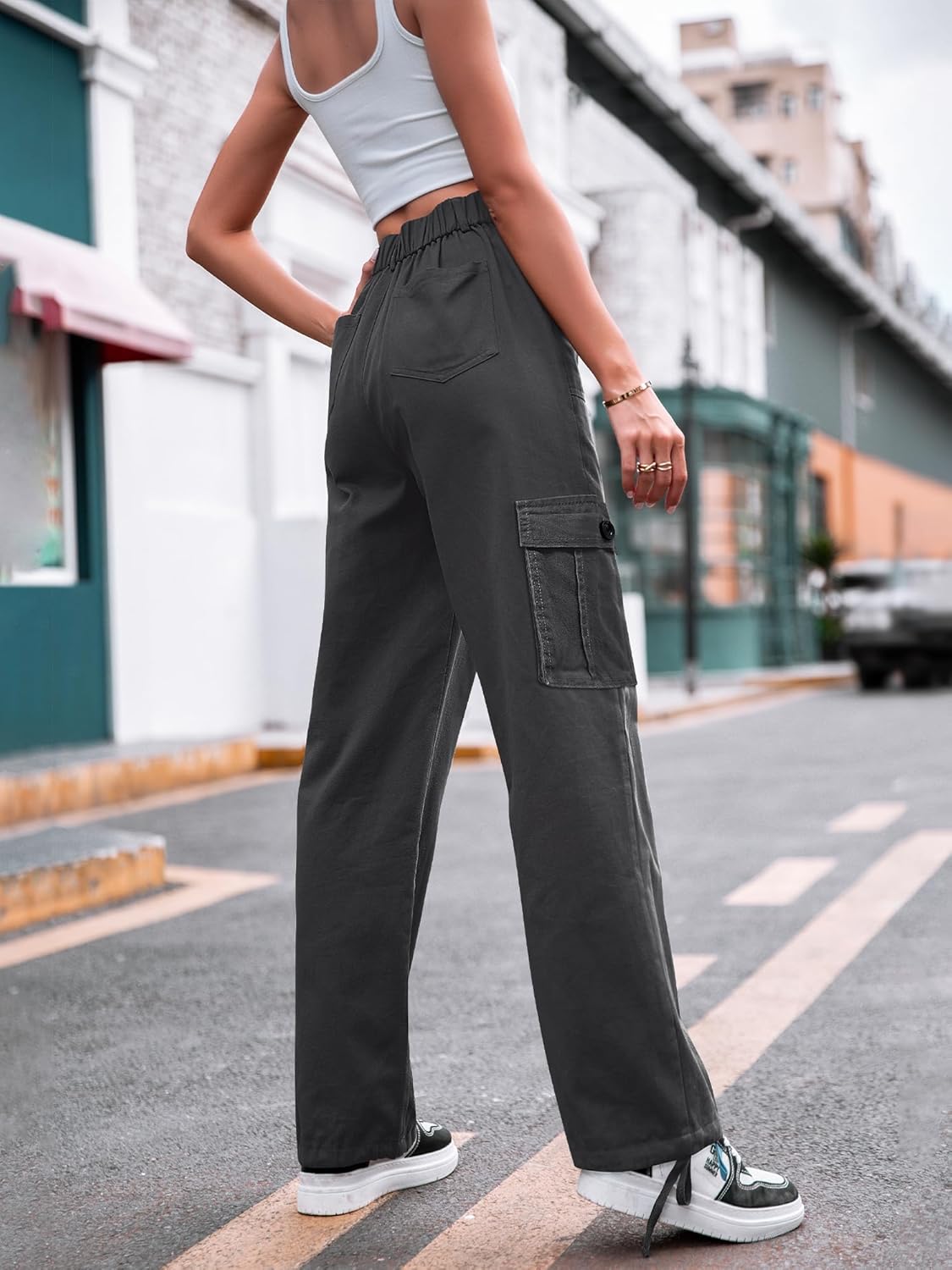 Detalle de Dordanity Y2K Cargohose für Damen – Baggy High Waist mit 6 Taschen aus Baumwollmischung