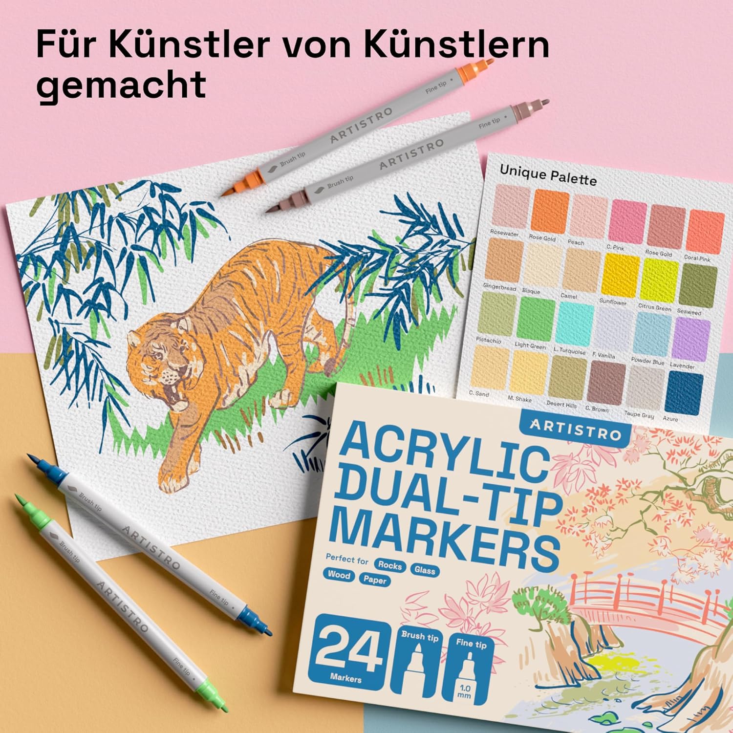 Thumbnail 3 de Artistro 24 Acrylstifte Dual Tip (Pinsel & Fein) – Set mit 24 Farben für Stoff, Leinwand, Stein, Glas und Holz