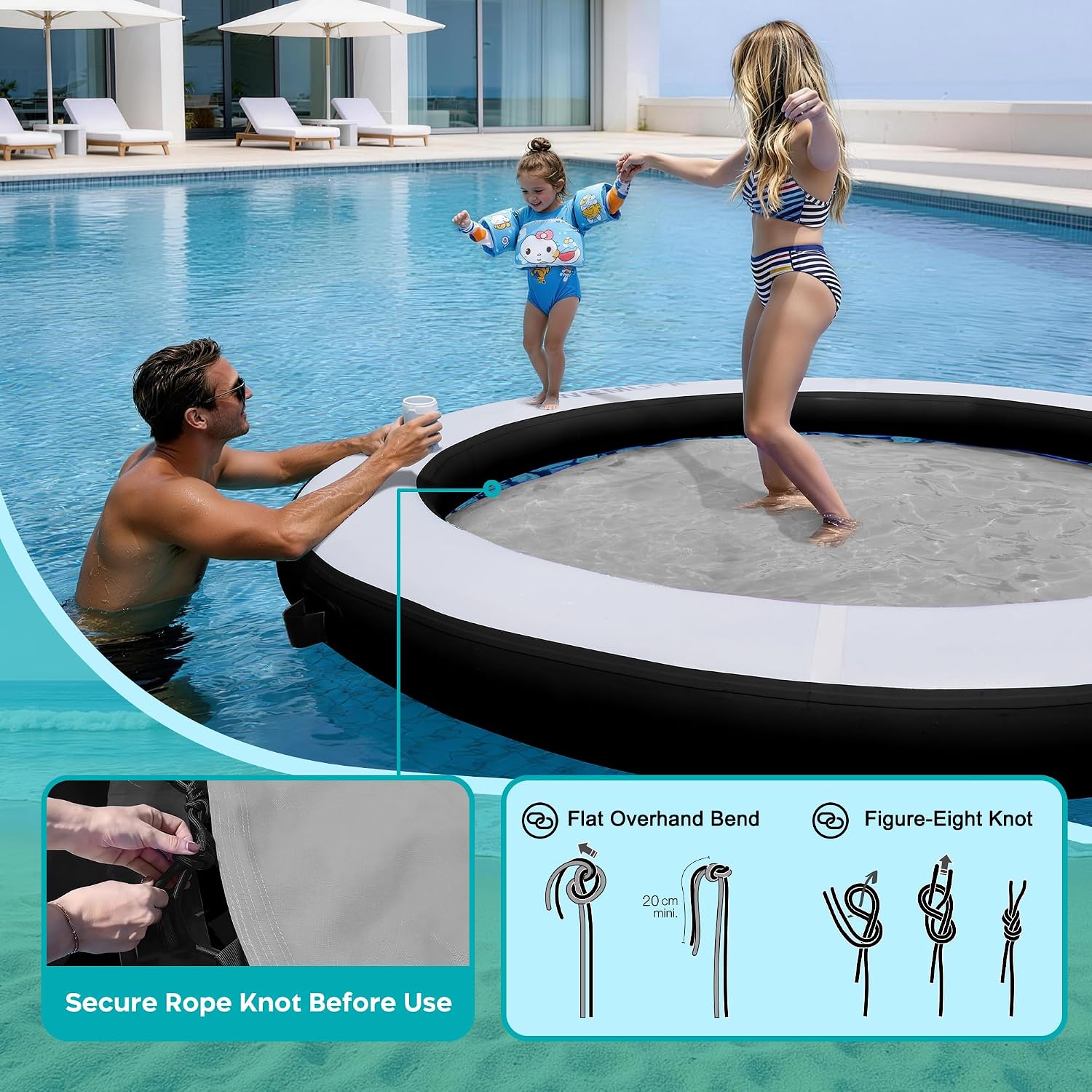 Detalle de AWEMUFA Water Hammock Floating Island — 6/8/10/12 ft Heavy-Duty Round Ring with Mesh, Ideal for Lakes and Pools