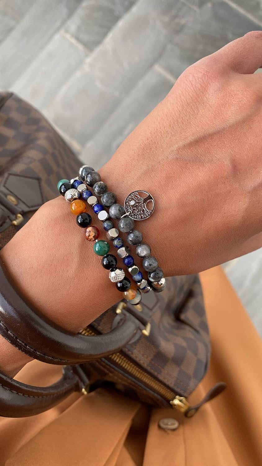 Detalle 2 de 10:10 Bracciale Donna in Pietre Naturali 6mm con Albero della Vita, acciaio inossidabile e zircone - Regolabile