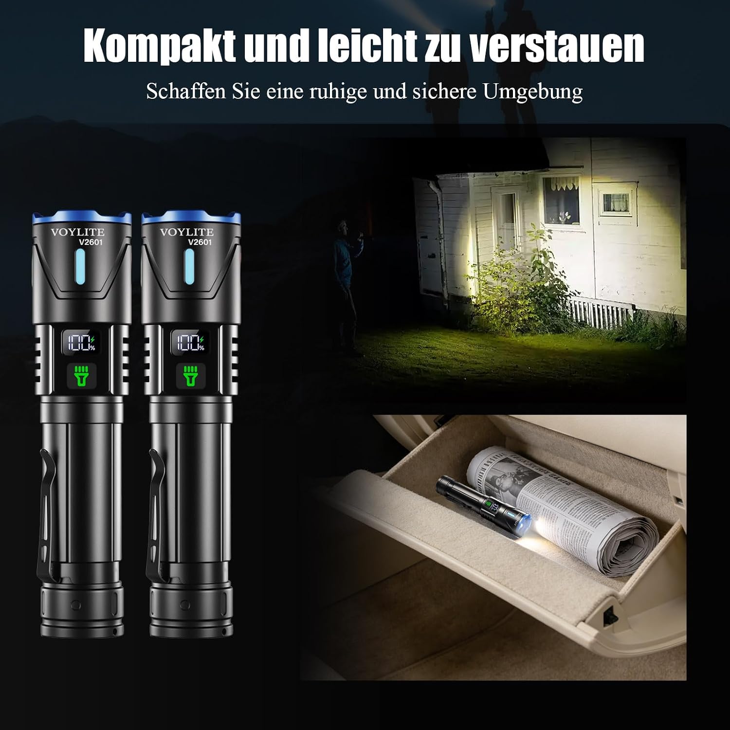 Detalle de Voylite Taschenlampe LED Aufladbar 2-Stück – 1000000 Lumen Extrem Hell