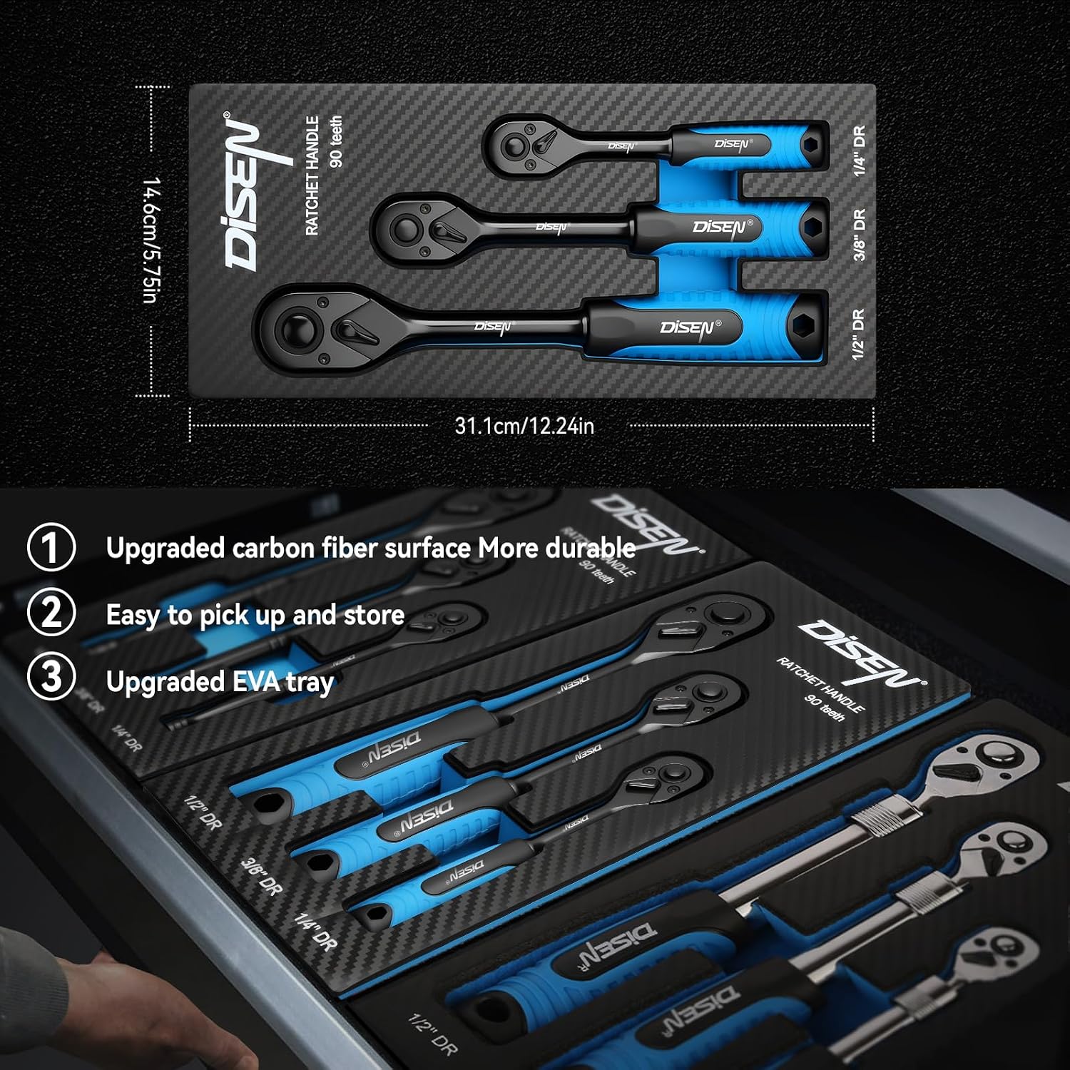 Detalle de DISEN 3-Piece Black Ratchet Set (1/2", 3/8", 1/4" Drive) with 90-Tooth Mechanism