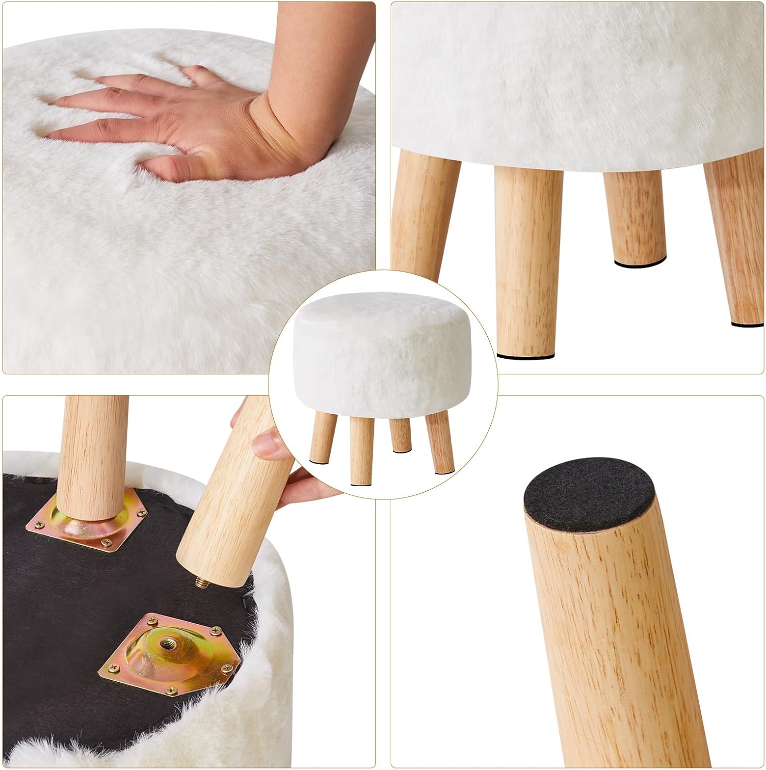 Thumbnail 6 de YMYNY Rotondo Sgabello Ottomano Poggiapiedi in Poliestere Spugna con Gambe in Legno Antiscivolo, 32×32×32 cm, Bianco HBD035W