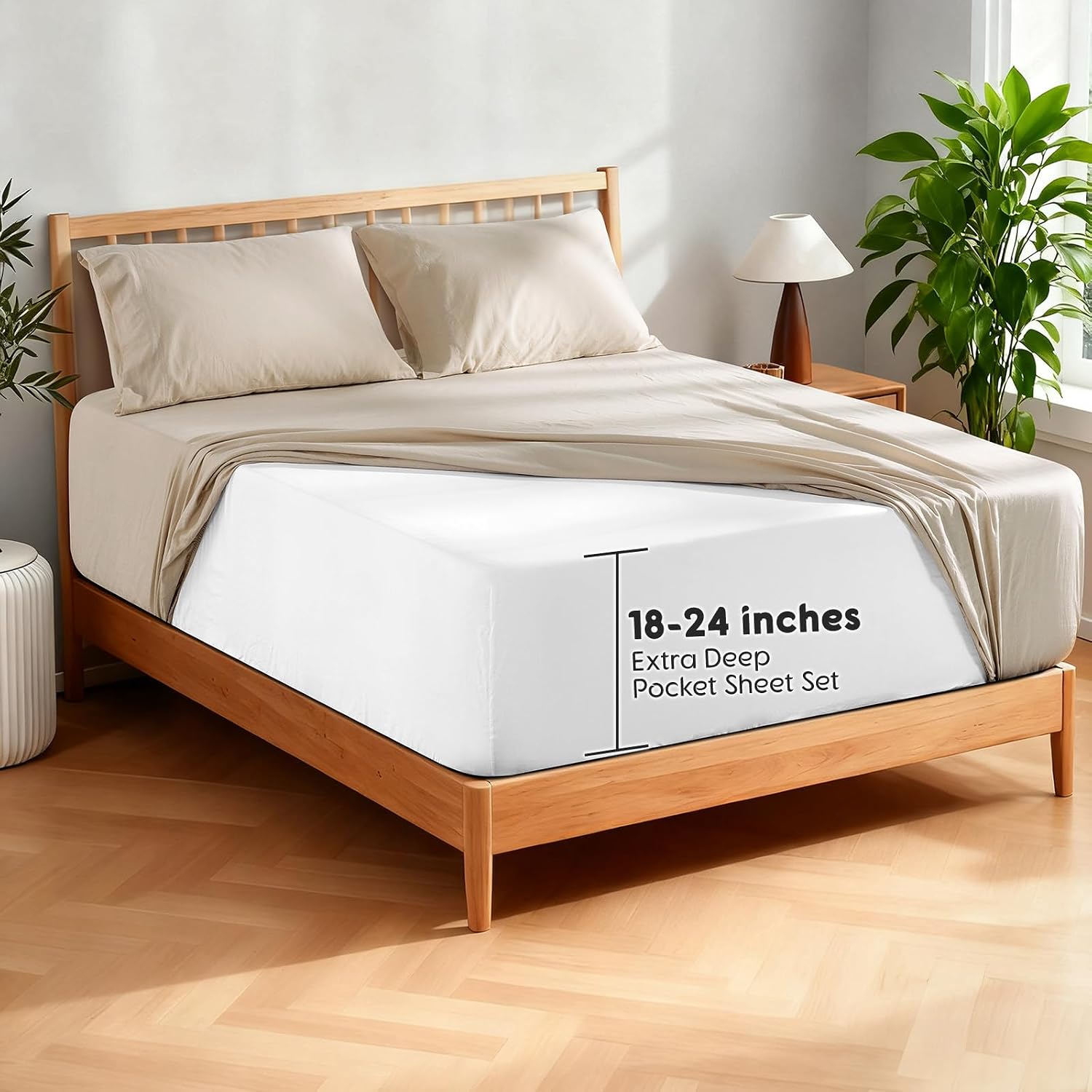 Detalle de SONORO KATE 100% French Pure Linen Sheets – Queen, 24" Deep Pocket, Natural Linen