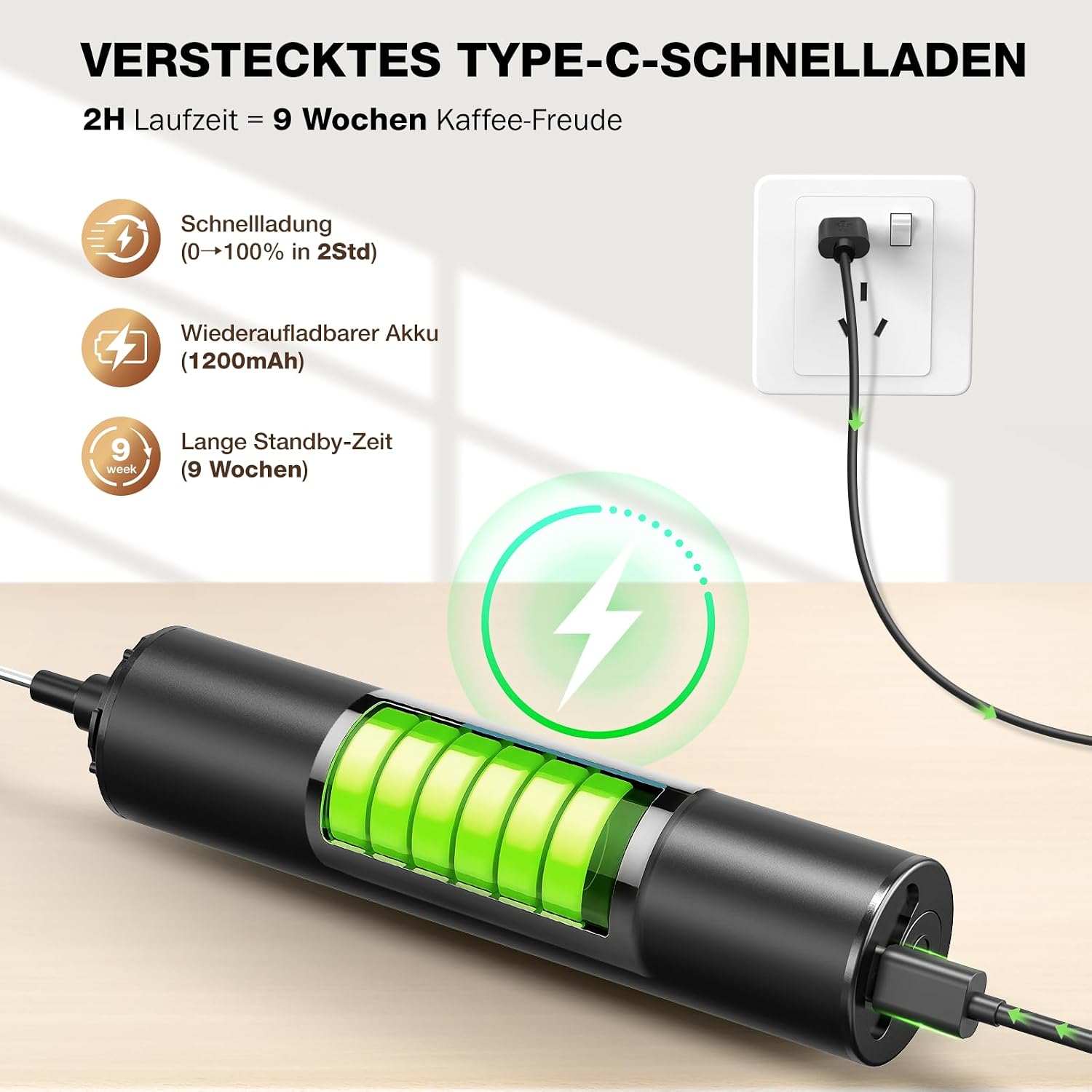 Detalle 2 de POWERLIX Pro 3-in-1 elektrischer Milchschäumer (handheld) mit USB-C Wiederaufladung