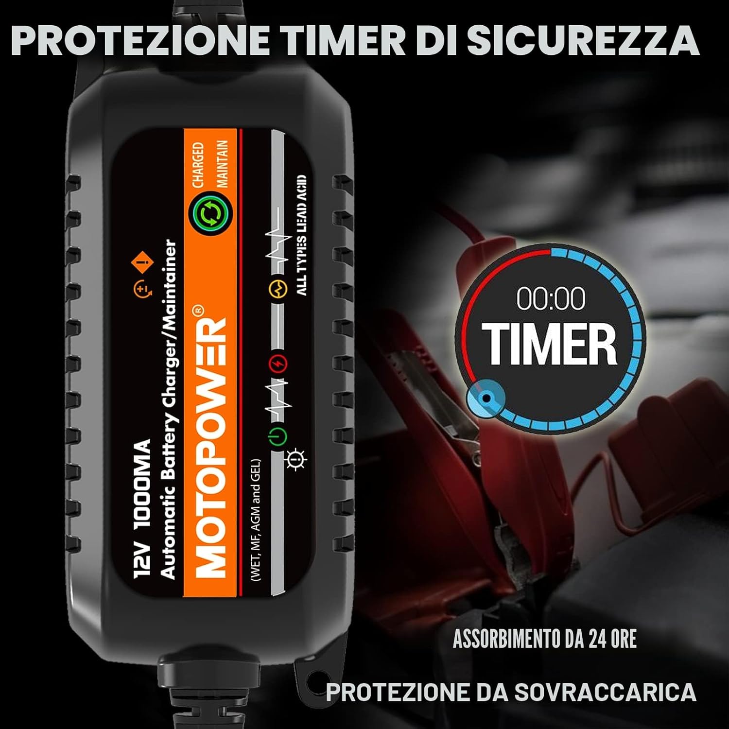 Thumbnail 4 de MOTOPOWER MP00205B caricabatterie automatico 12V 1000mA per auto, moto e ATV