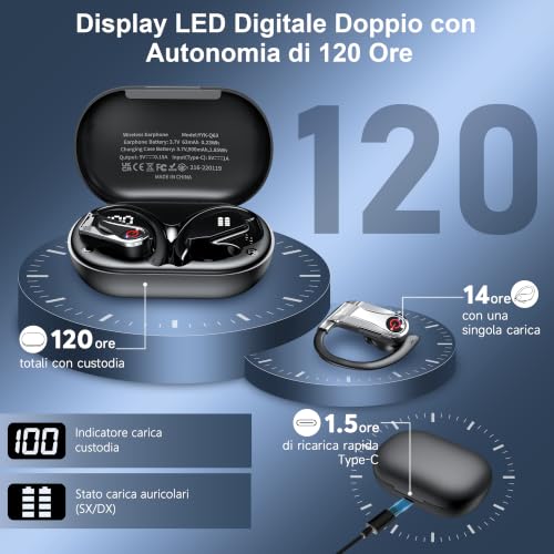 Detalle 2 de VNMN 2026 Cuffie Bluetooth 6.1 Sport: audio Hi‑Fi, ANC ENC e 120h di autonomia
