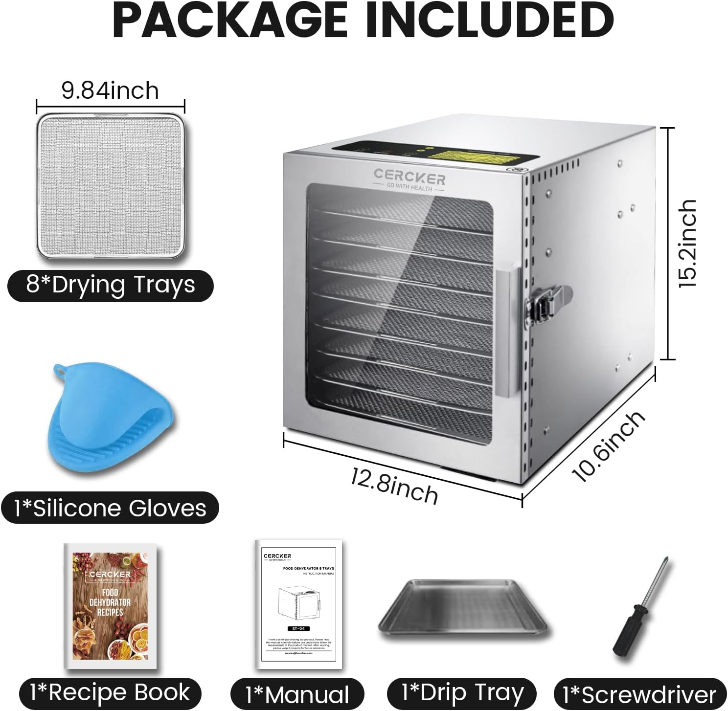 Detalle de Cercker 8-Tray Stainless Steel Food Dehydrator (500W) with 24H Timer, 70°F–190°F Jerky & Fruit Dryer