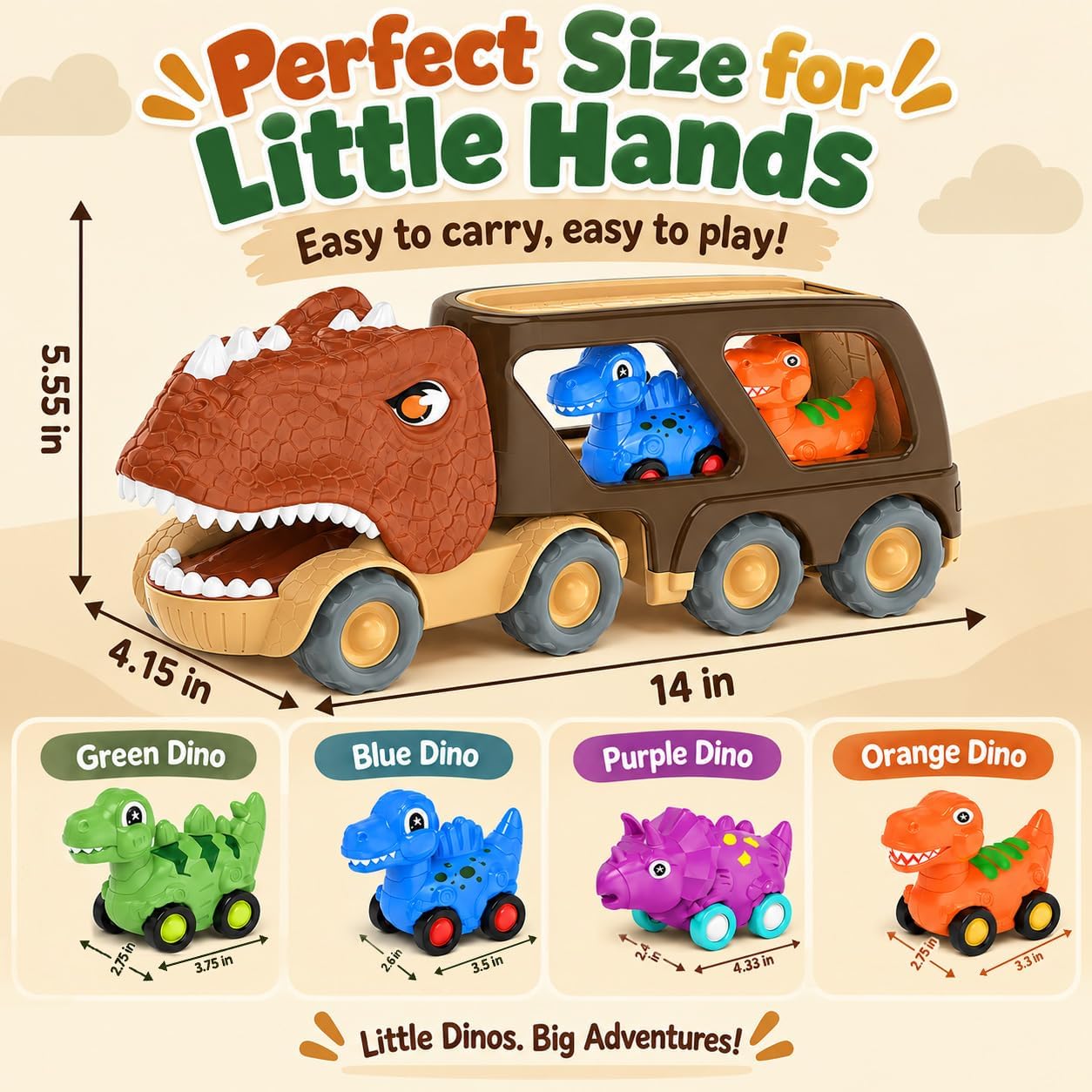 Detalle 2 de Veslier 559A8 Dinosaur Truck Toy with 4 Pull-Back Cars, Lights and Sound