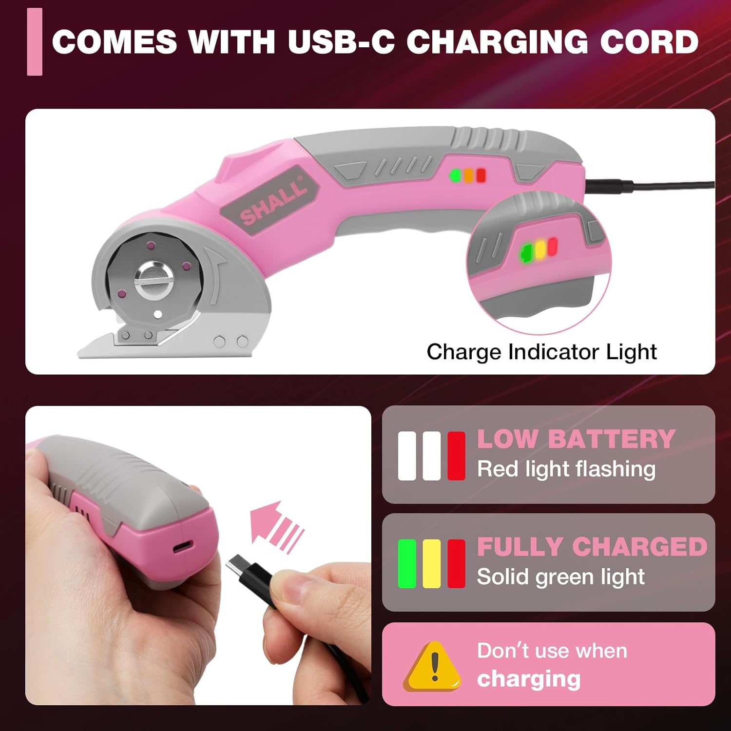 Thumbnail 4 de SHALL 4V Cordless Electric Scissors (Rotary Cutter) with Safety Lock, LED & Replacement Blade – Pink & Grey