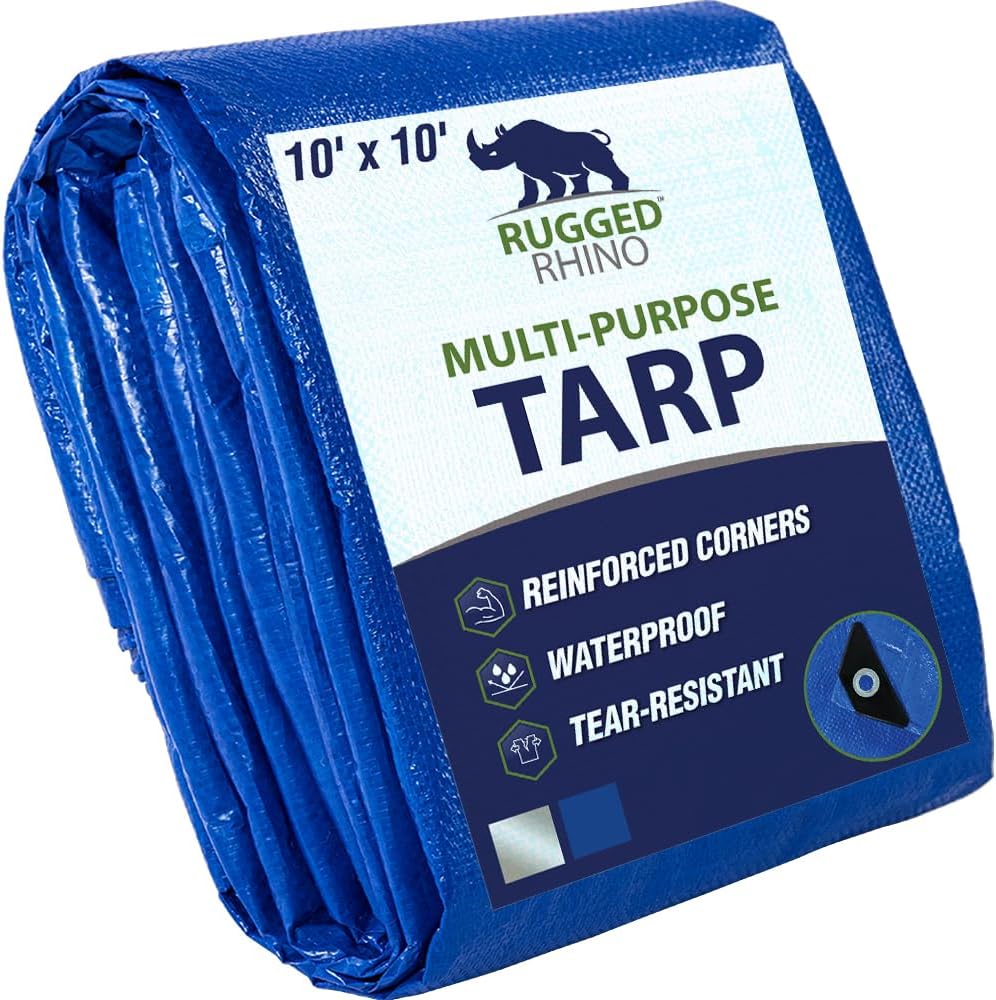 RUGGED RHINO Heavy Duty Waterproof Tarp (10x10 ft, 5 Mil, Blue) with Reinforced Grommets & Corners