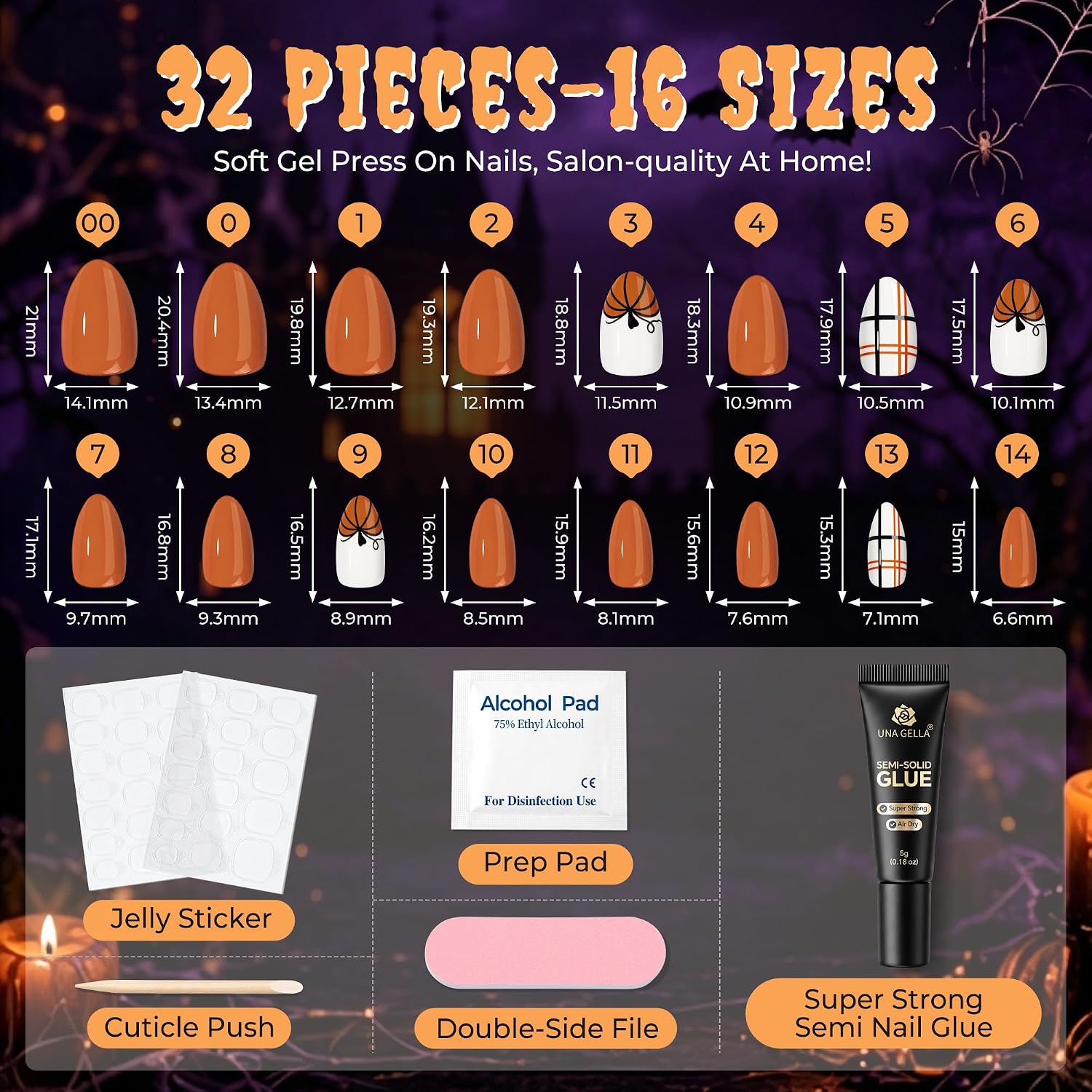 Thumbnail 2 de UNA GELLA UG-BX013 Halloween Press-On Nails, Short Almond, 32-Piece Pumpkin Plaid Set