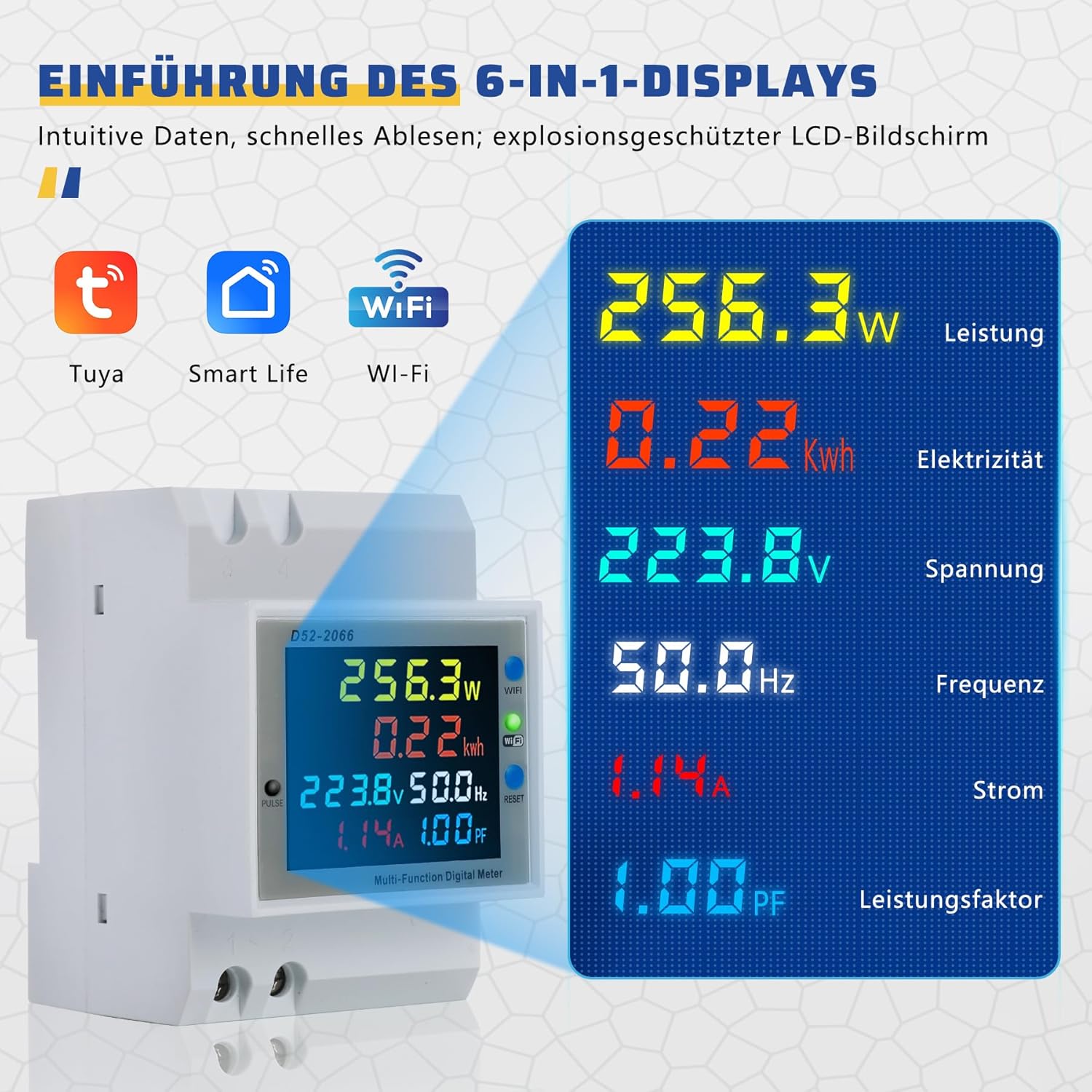 Detalle de BOSYTRO Wifi Contatore di Energia Monofase 6 in 1, Misuratore di Potenza su Guida DIN