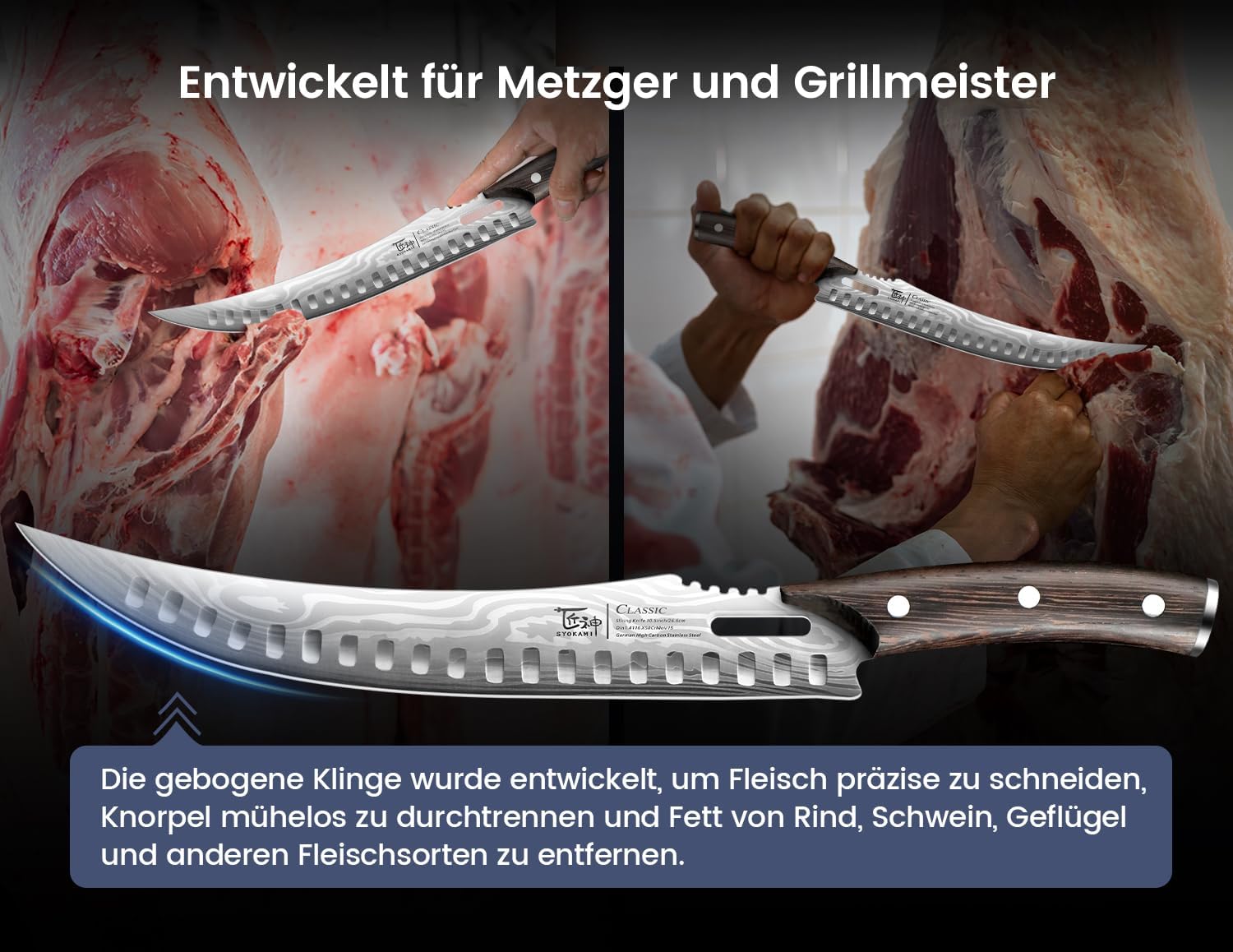 Thumbnail 2 de SYOKAMI 27 cm Fleischermesser im japanischen Stil – gebogenes Tranchiermesser mit Holzgriff, Damastmuster, Geschenkbox