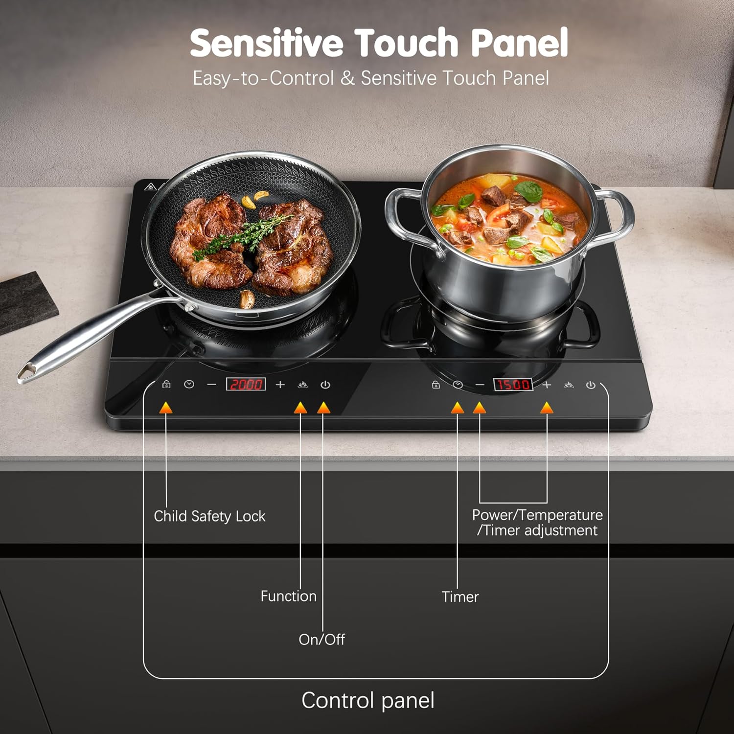 Thumbnail 2 de KICHPOWER Doppel-Induktionskochplatte mit 2 Zonen, 10 Stufen & 180-Min-Timer