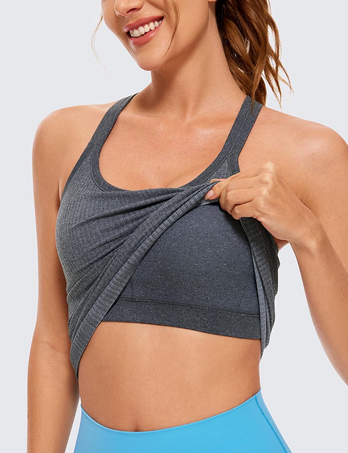 Detalle de CRZ YOGA Femmes sans Couture Côtelé Rembourré Y-Back Réservoir Hauts avec Soutien-Gorge Intégré